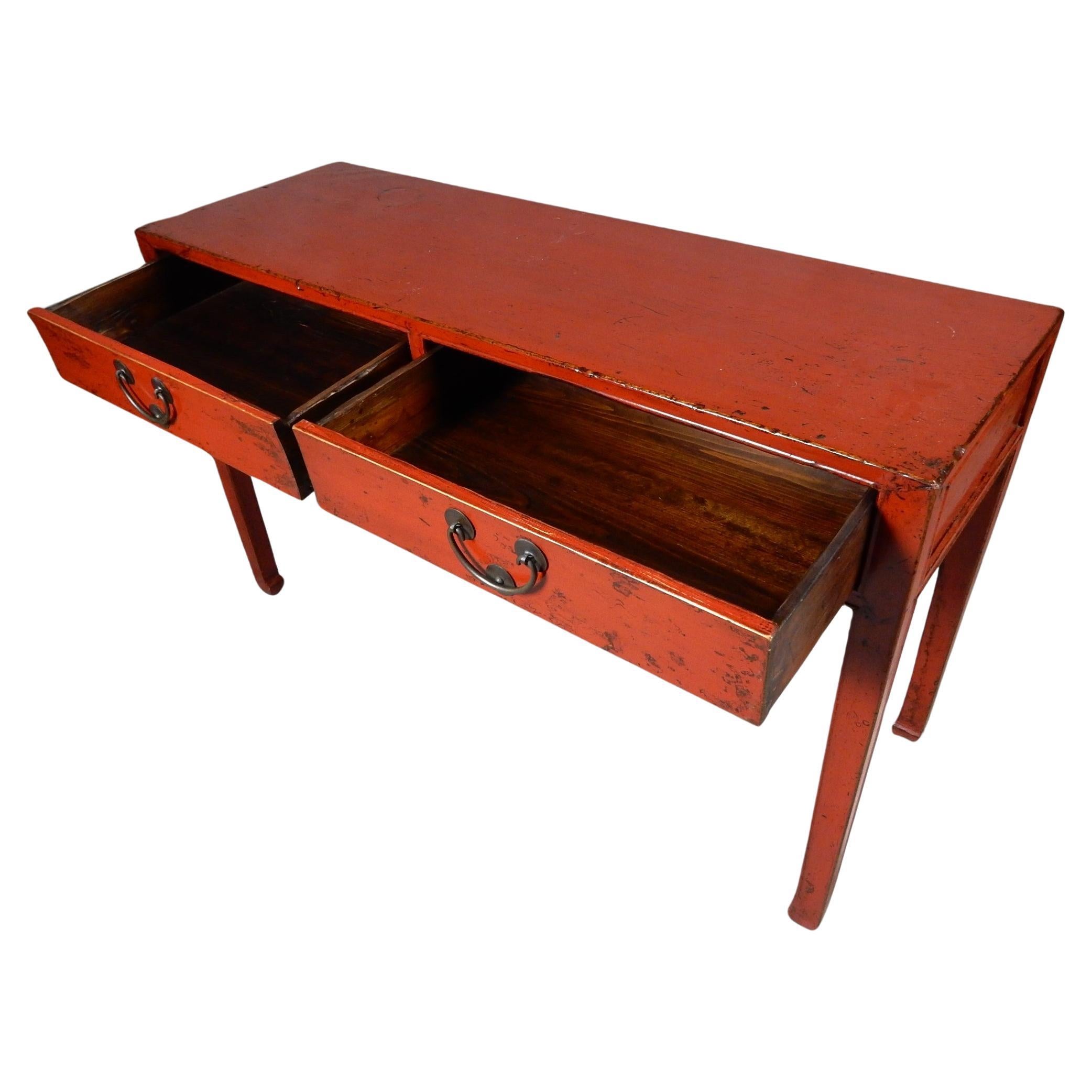 20th Century Antique Tibetan Red Lacquer 2 Drawer Console Desk Table
