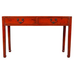 Antique Tibetan Red Lacquer 2 Drawer Console Desk Table