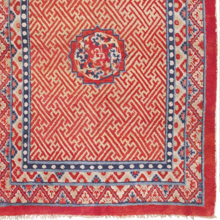 Hand-Knotted Antique Tibetan Rug. Size: 4 ft 2 in x 5 ft 8 in (1.27 m x 1.73 m)