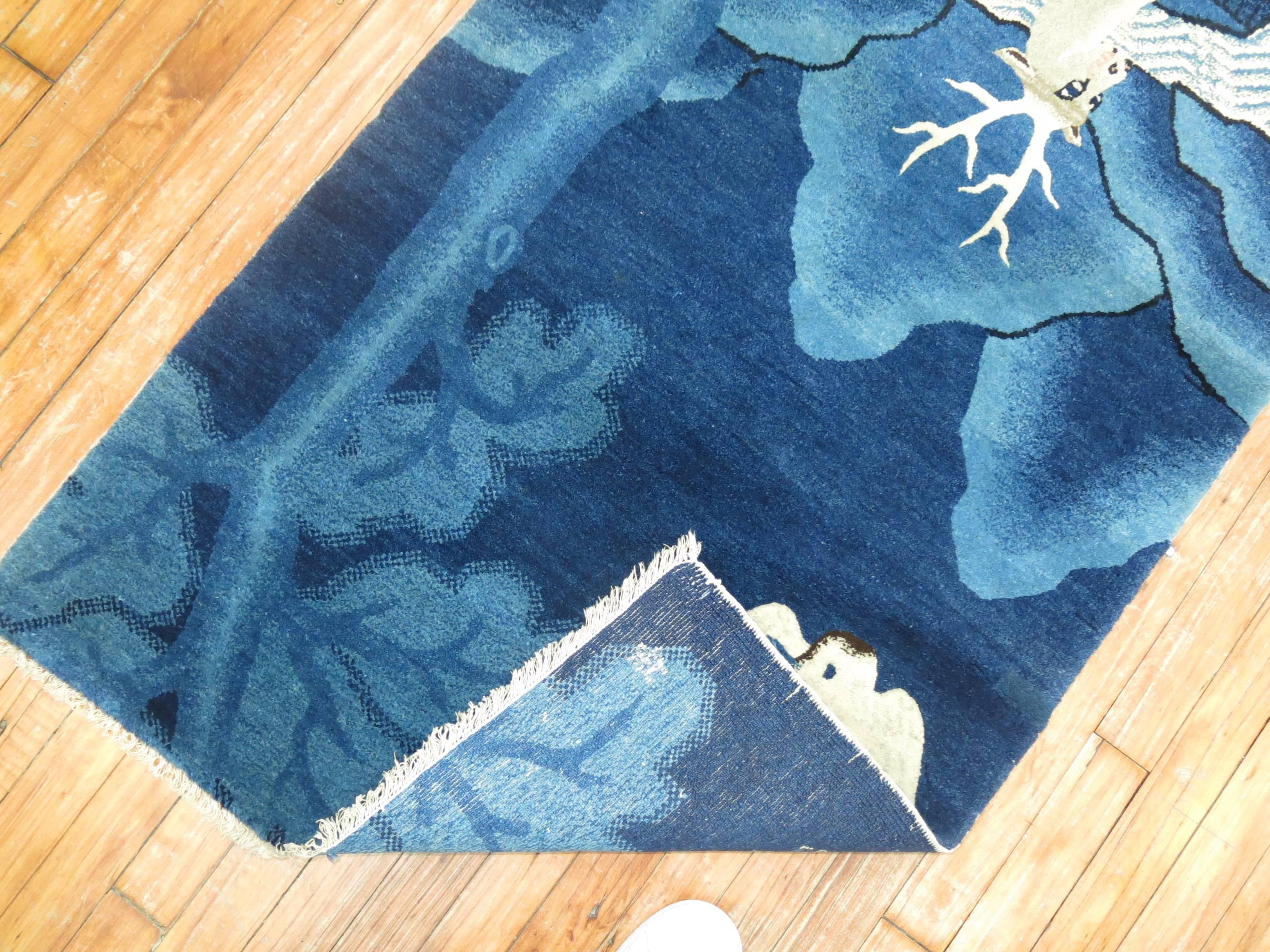 Pantone Classic Blue Antique Tibetan Pictorial Deer Rug In Excellent Condition In New York, NY