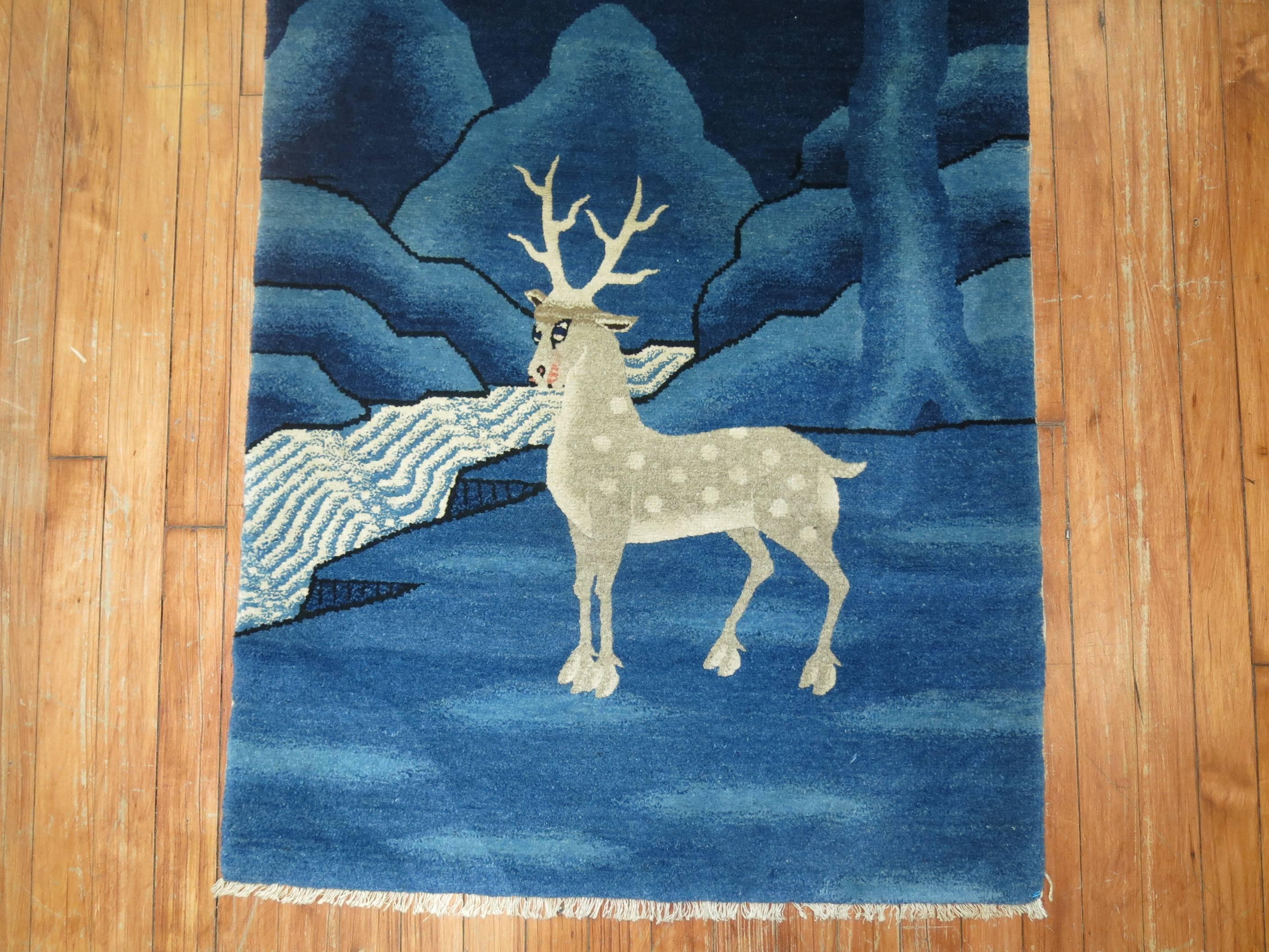 20th Century Pantone Classic Blue Antique Tibetan Pictorial Deer Rug