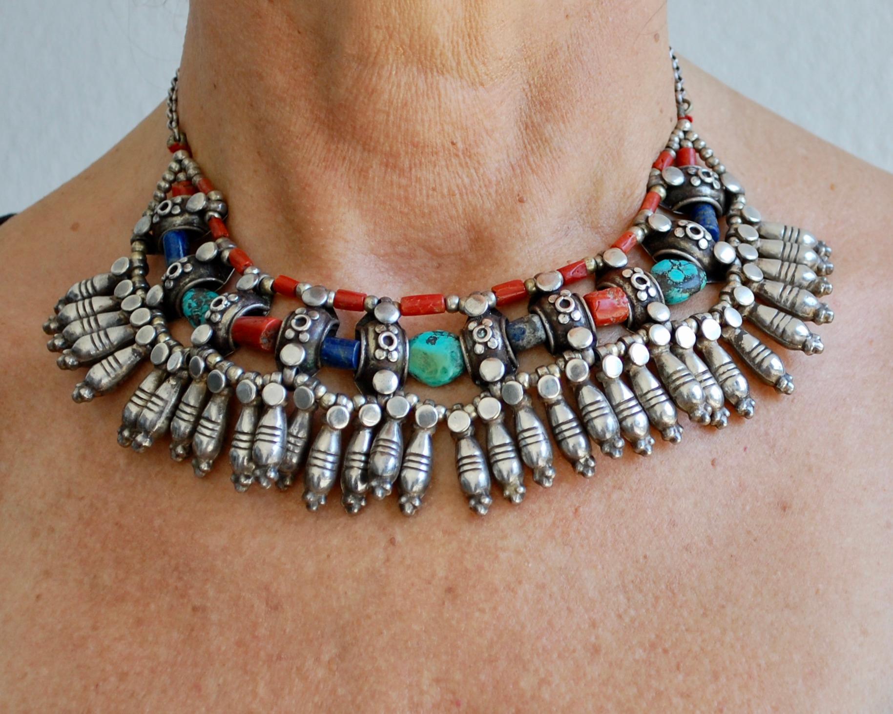 Antique hand crafted Tibetan Ceremonial Silver Collar decorated with natural raw turquoise, natural coral beads and lapis lazuli. About 156 grams, 16