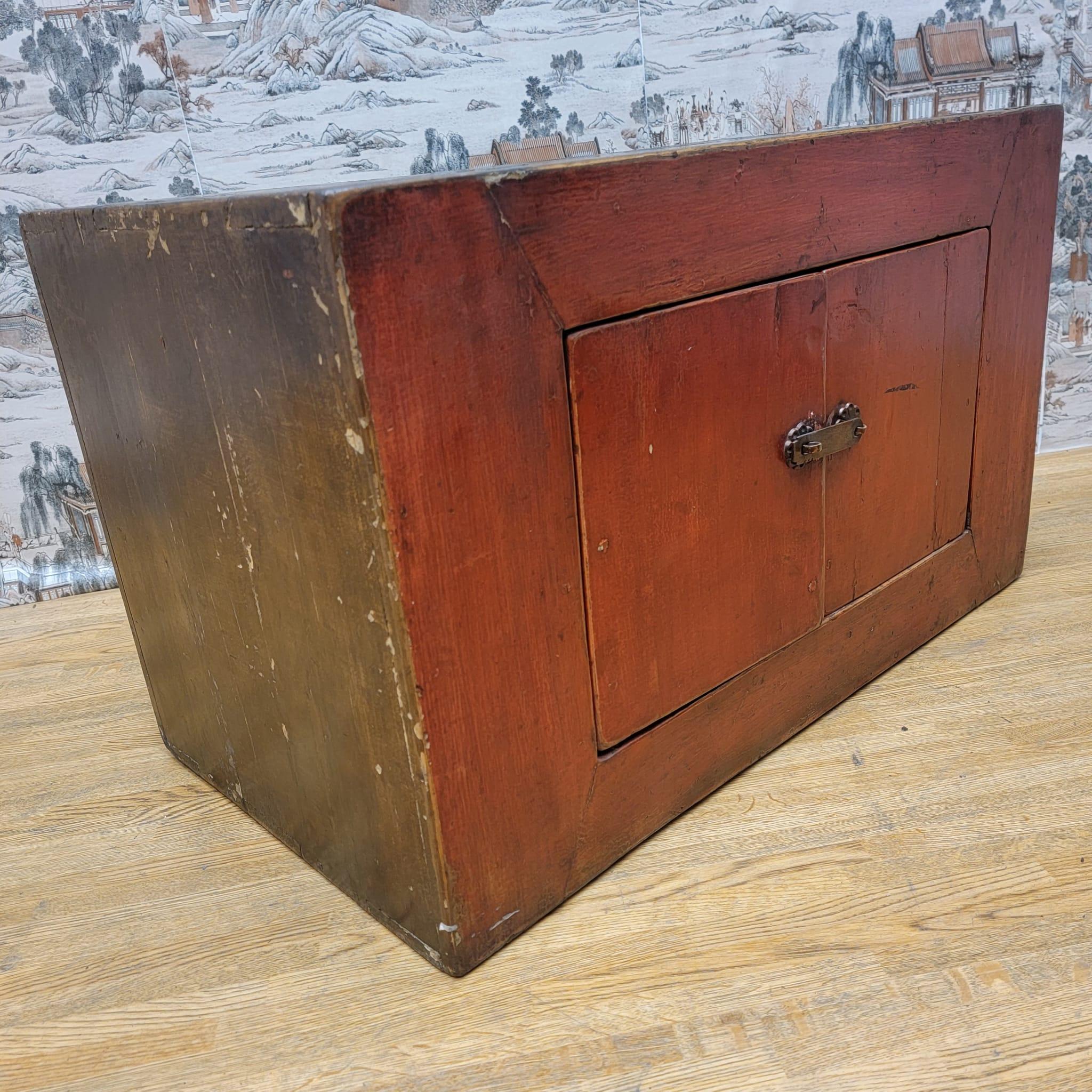 Hand-Carved Antique Tibetan Small Elm Red Lacquer 2 Door Chest For Sale