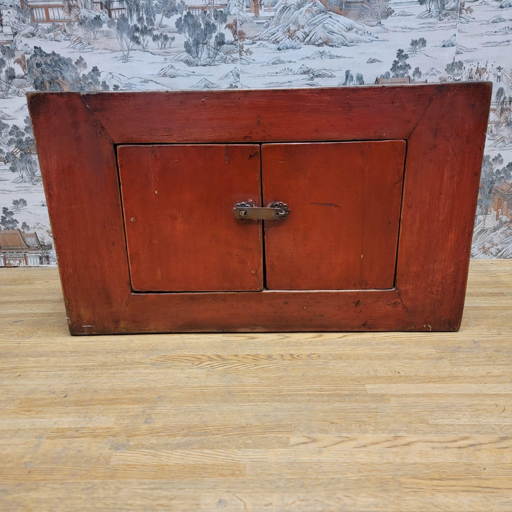 Antique Tibetan Small Elm Red Lacquer 2 Door Chest For Sale 1