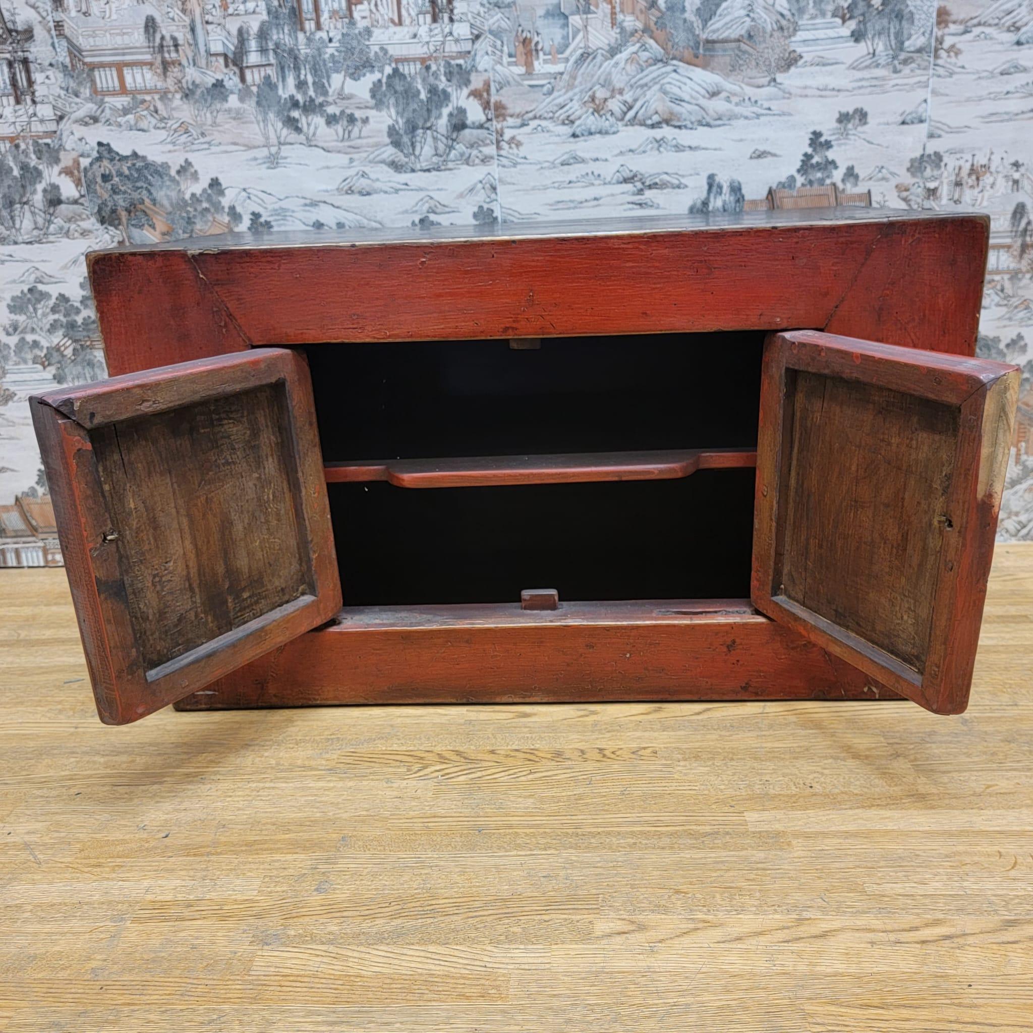Antique Tibetan Small Elm Red Lacquer 2 Door Chest For Sale 3