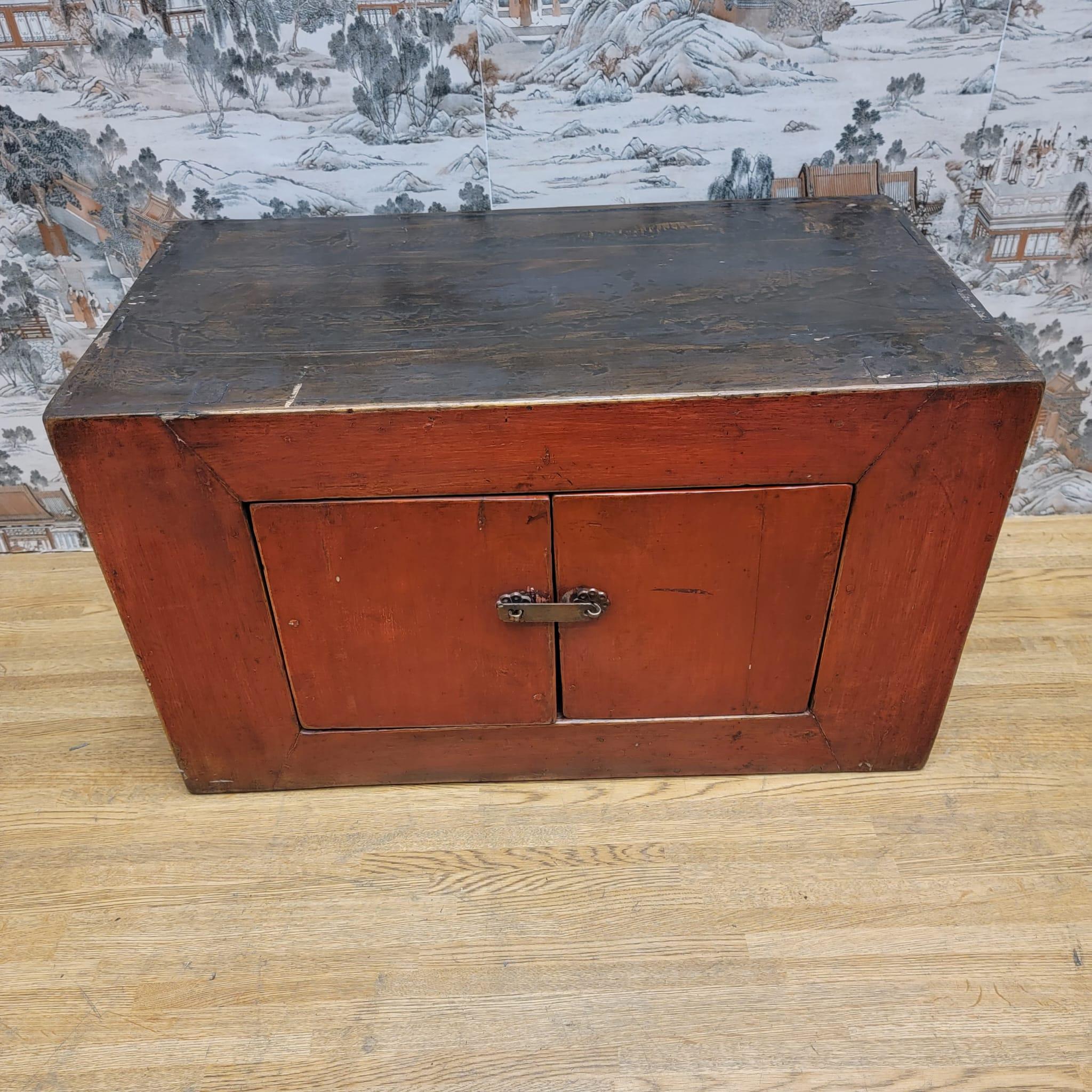 Antique Tibetan Small Elm Red Lacquer 2 Door Chest For Sale 4