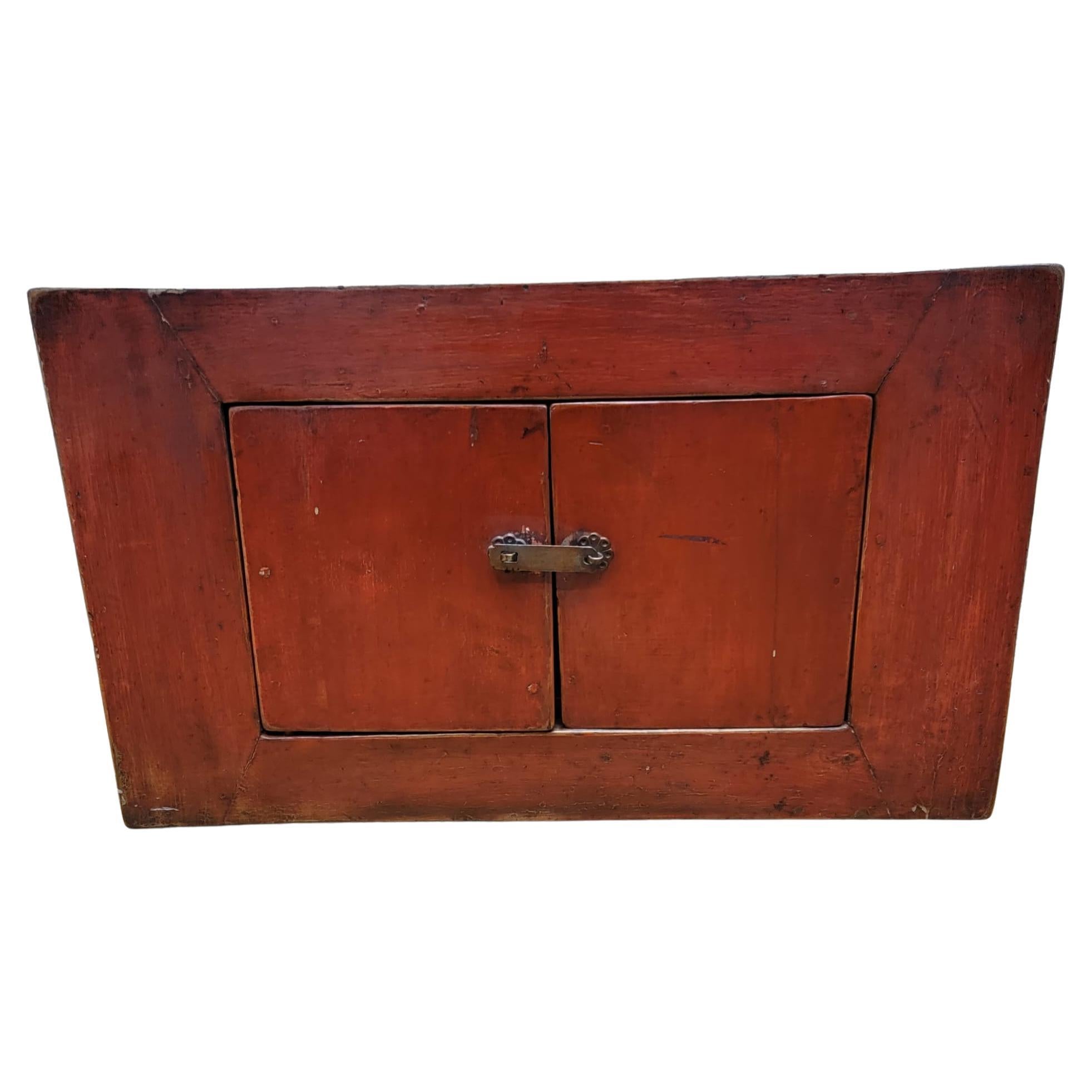 Antique Tibetan Small Elm Red Lacquer 2 Door Chest For Sale