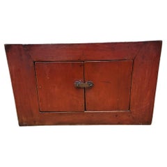 Antique Tibetan Small Elm Red Lacquer 2 Door Chest