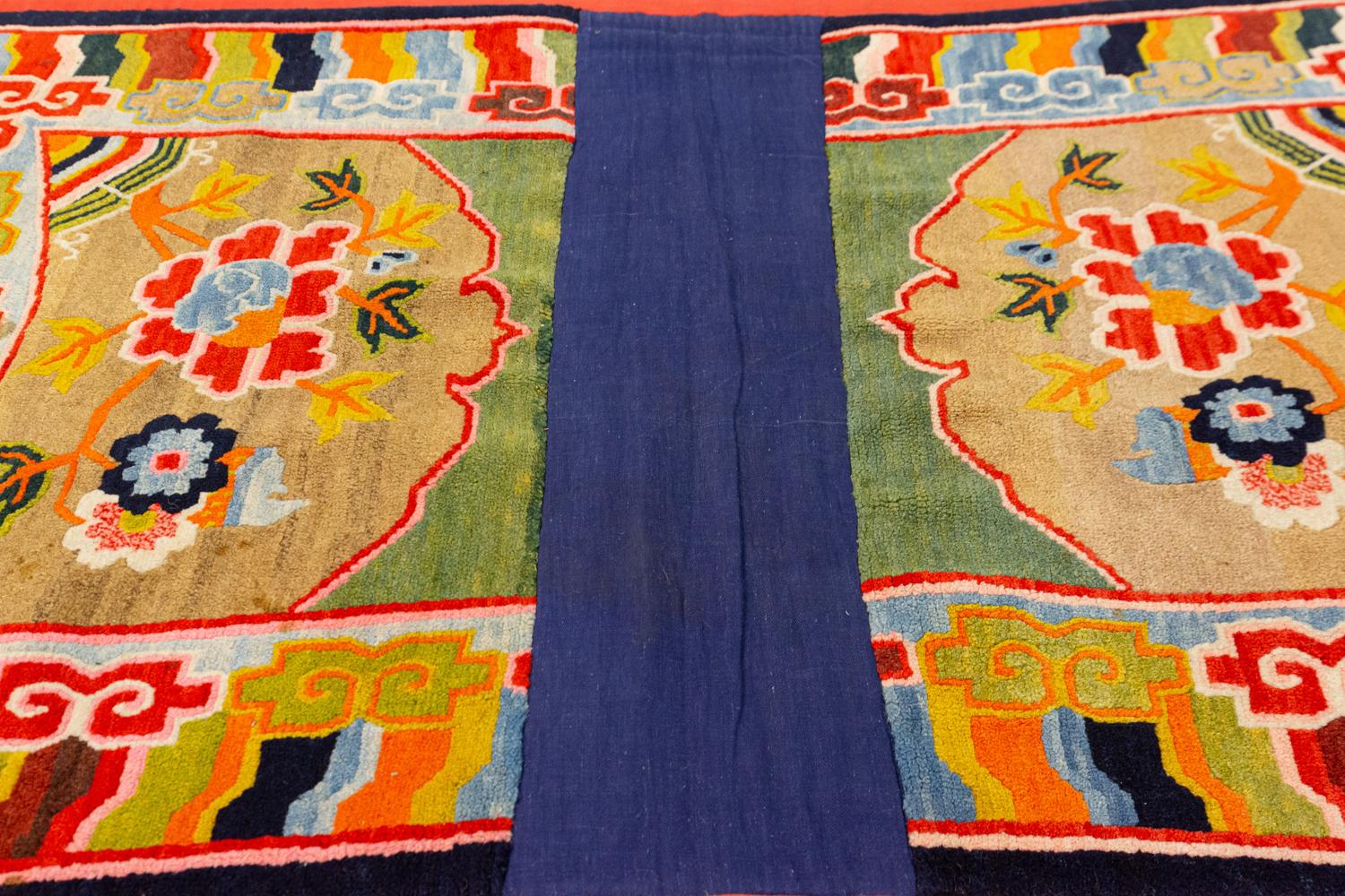 Hand-Knotted Antique Tibetan Special Field Multicolor Wool Rug, ca. 1920 For Sale