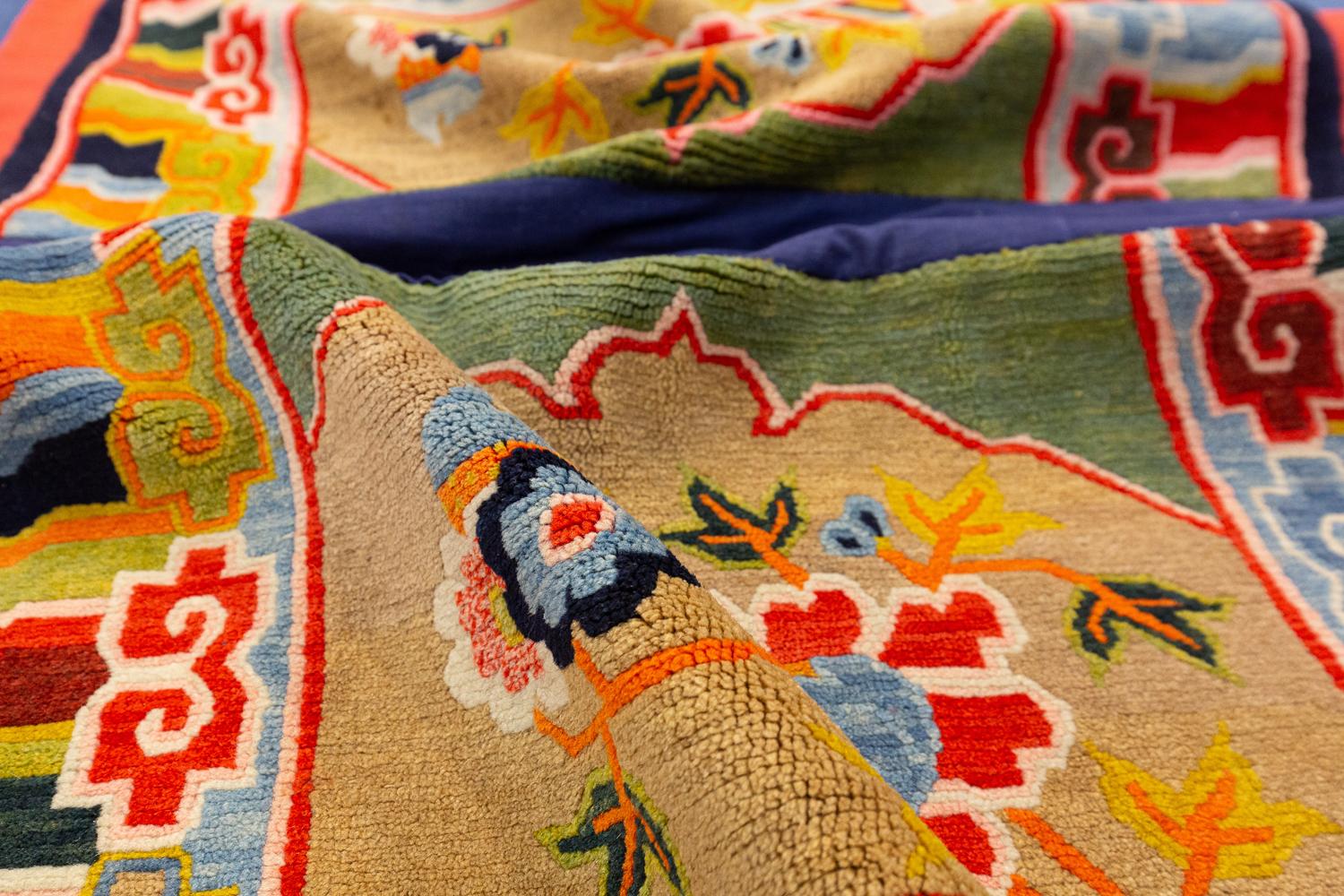 Antique Tibetan Special Field Multicolor Wool Rug, ca. 1920 For Sale 1