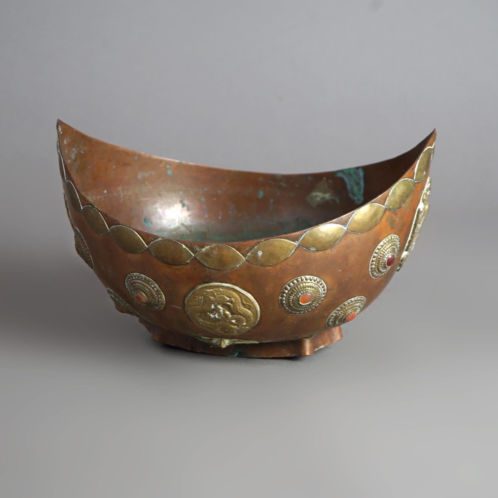 Asian Antique Tibetan Style Jeweled Mixed Metal Copper & Brass Ceremonial Bowl, 19thC