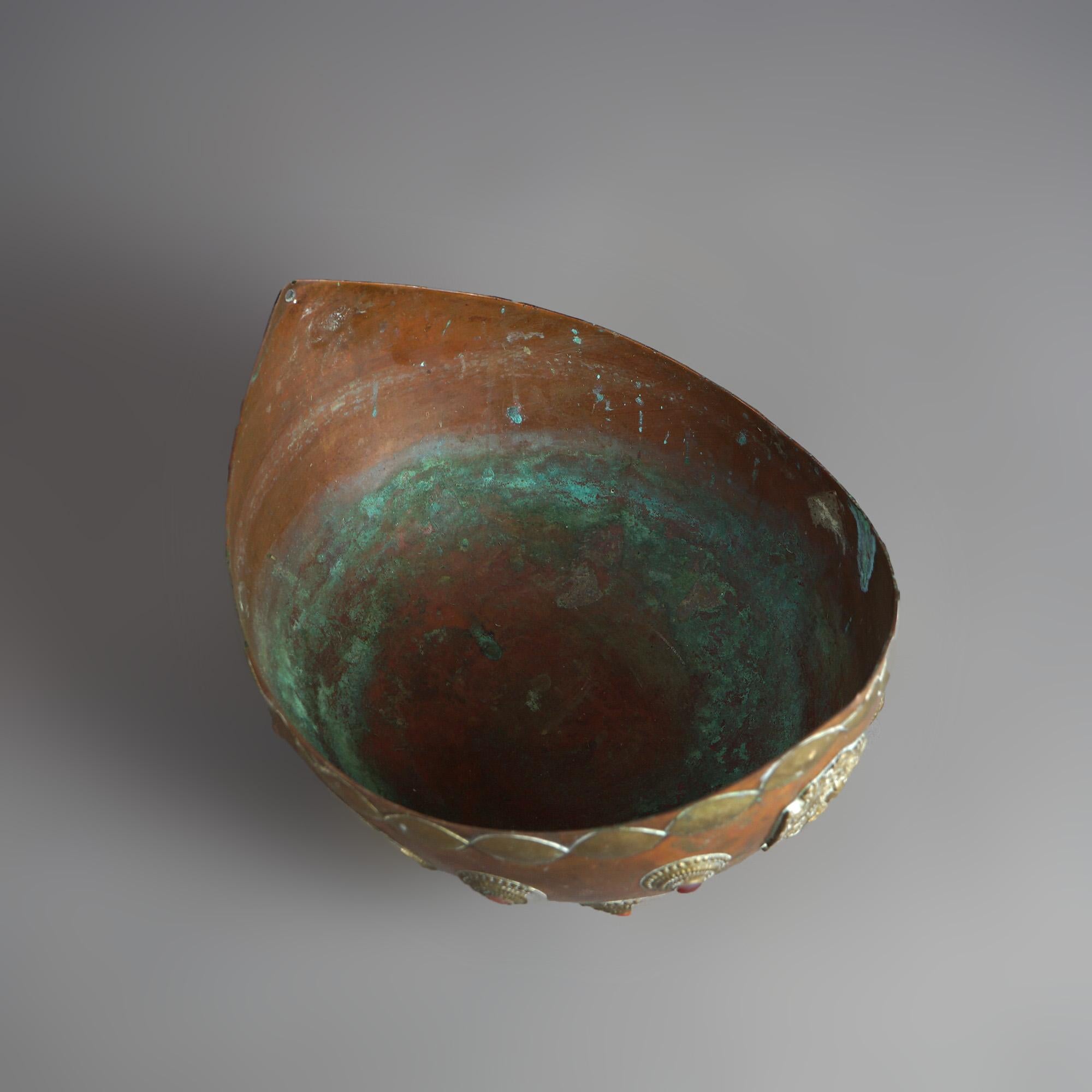 Antique Tibetan Style Jeweled Mixed Metal Copper & Brass Ceremonial Bowl, 19thC In Good Condition In Big Flats, NY