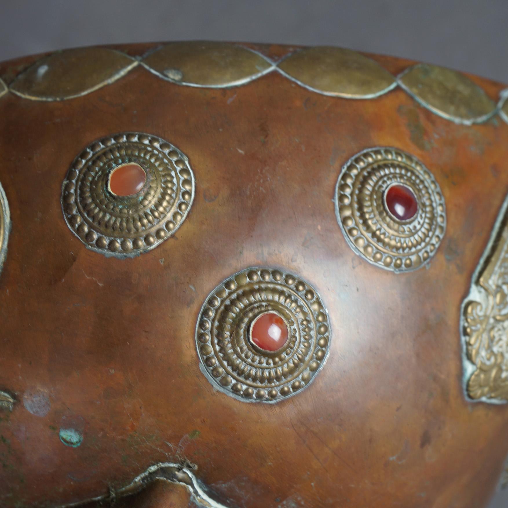 19th Century Antique Tibetan Style Jeweled Mixed Metal Copper & Brass Ceremonial Bowl, 19thC