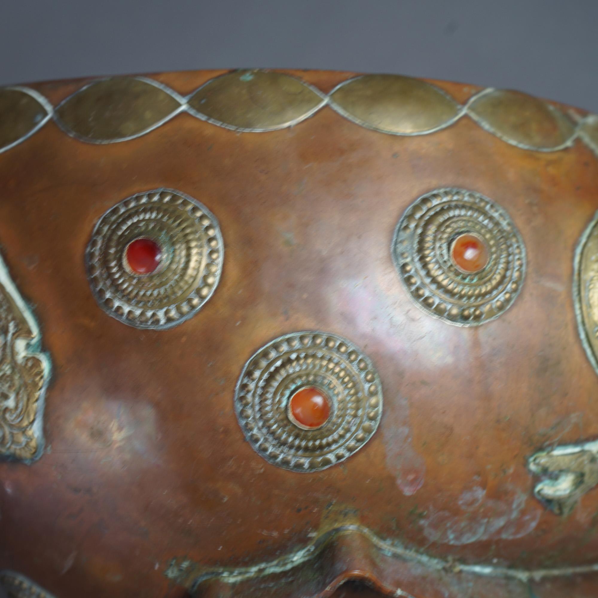 Antique Tibetan Style Jeweled Mixed Metal Copper & Brass Ceremonial Bowl, 19thC 1