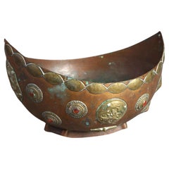 Antique Tibetan Style Jeweled Mixed Metal Copper & Brass Ceremonial Bowl, 19thC