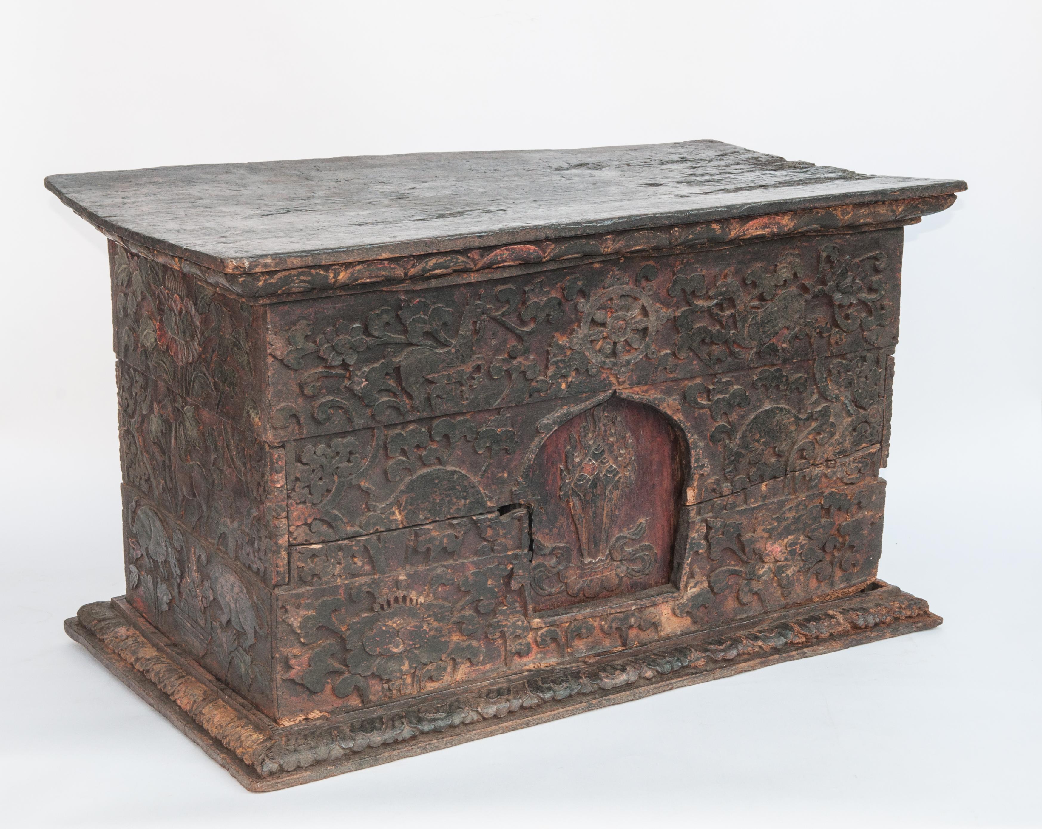 Hand-Crafted Antique Tibetan Style Religious Storage Box from Bhutan, 19th Century or Earlier