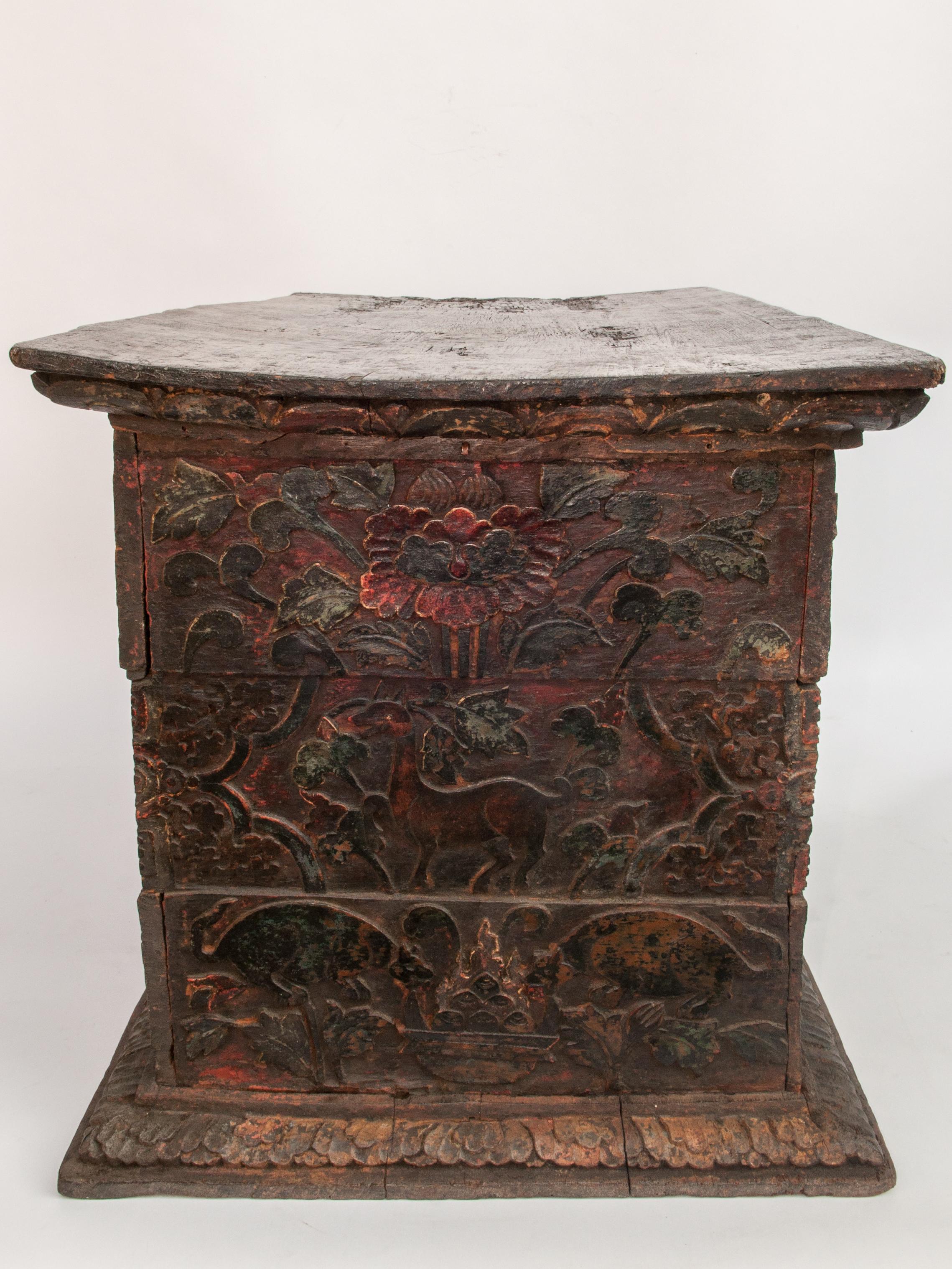Antique Tibetan Style Religious Storage Box from Bhutan, 19th Century or Earlier In Fair Condition In Point Richmond, CA