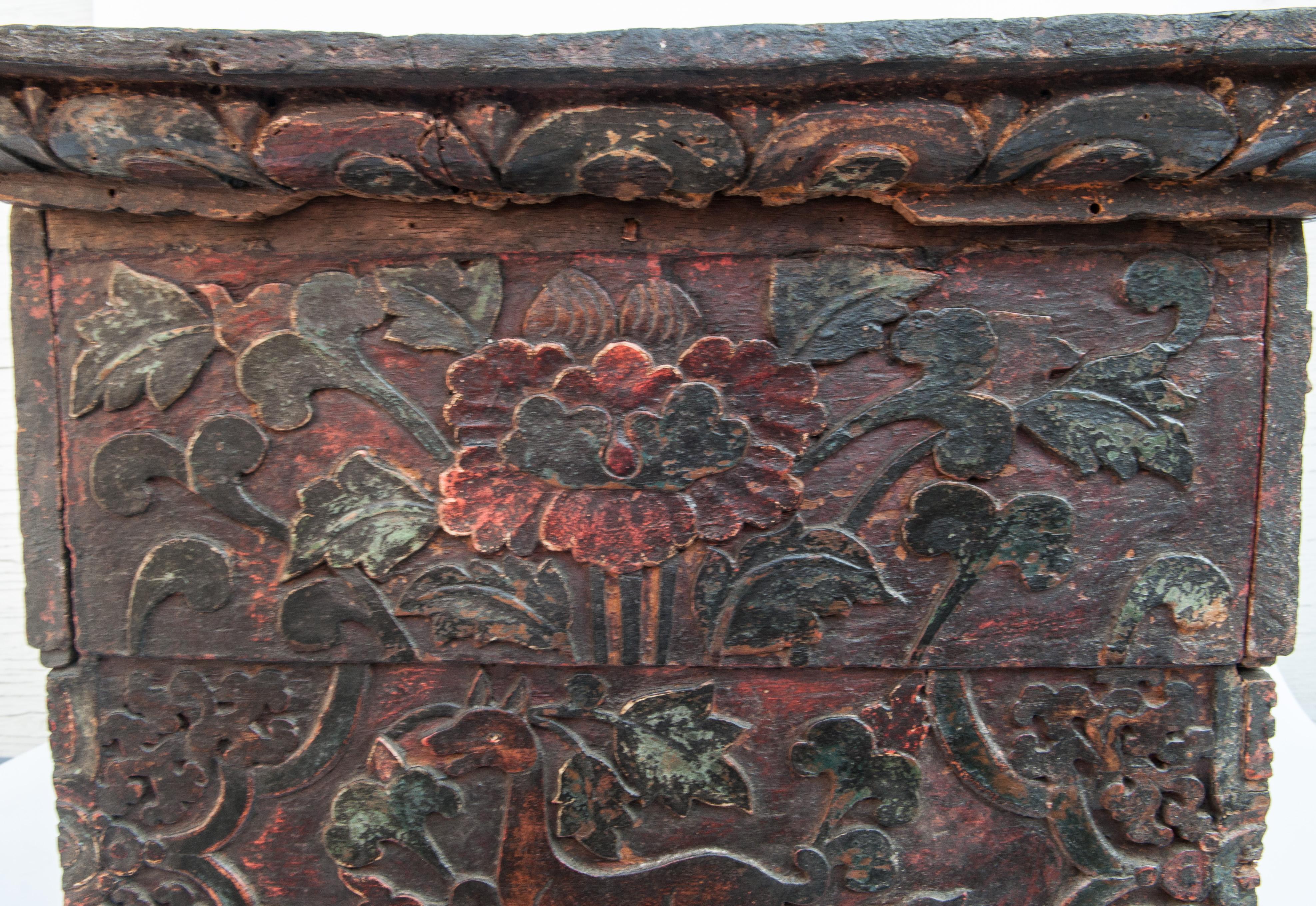 Wood Antique Tibetan Style Religious Storage Box from Bhutan, 19th Century or Earlier
