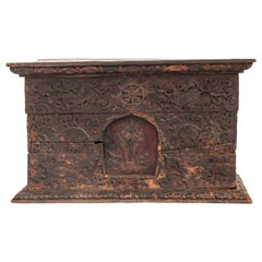 Boîte de rangement religieuse de style tibétain ancien du Bhoutan:: 19e siècle ou plus tôt