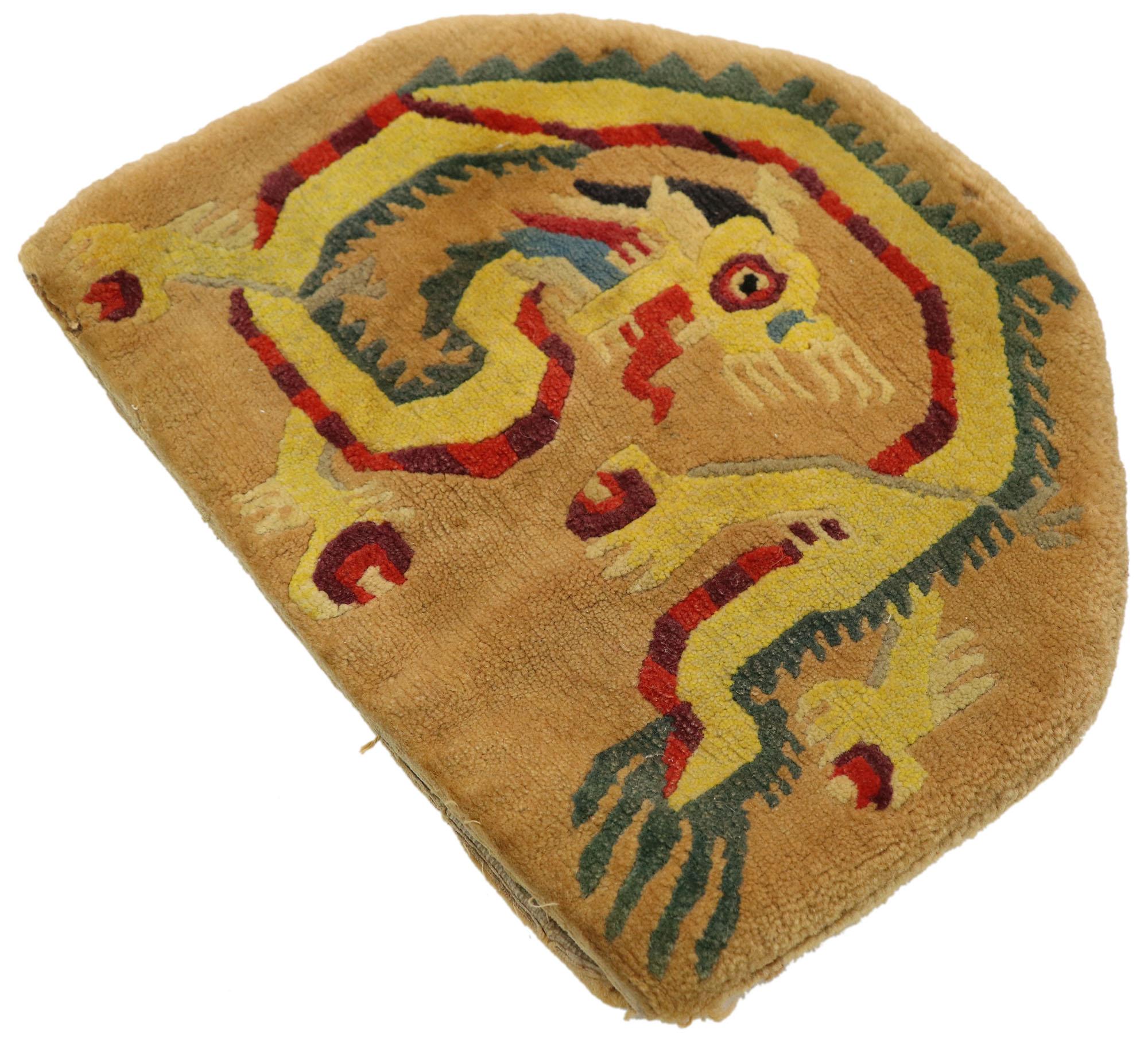 77426 antique Tibetan wool tea cozy with dragon design, late 19th century tea cosy. With its exotic dragon pictorial design and vibrant colors, this hand knotted wool antique Tibetan Tea Cozy is poised to impress. Tea cozies are used to put over a