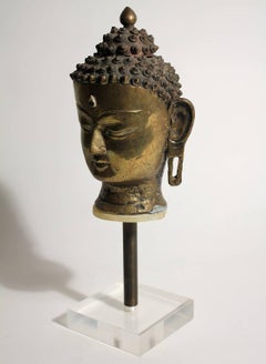 Antique Tibetan Thai Bronze Brass Buddha Head Bust Sculpture on Lucite Base