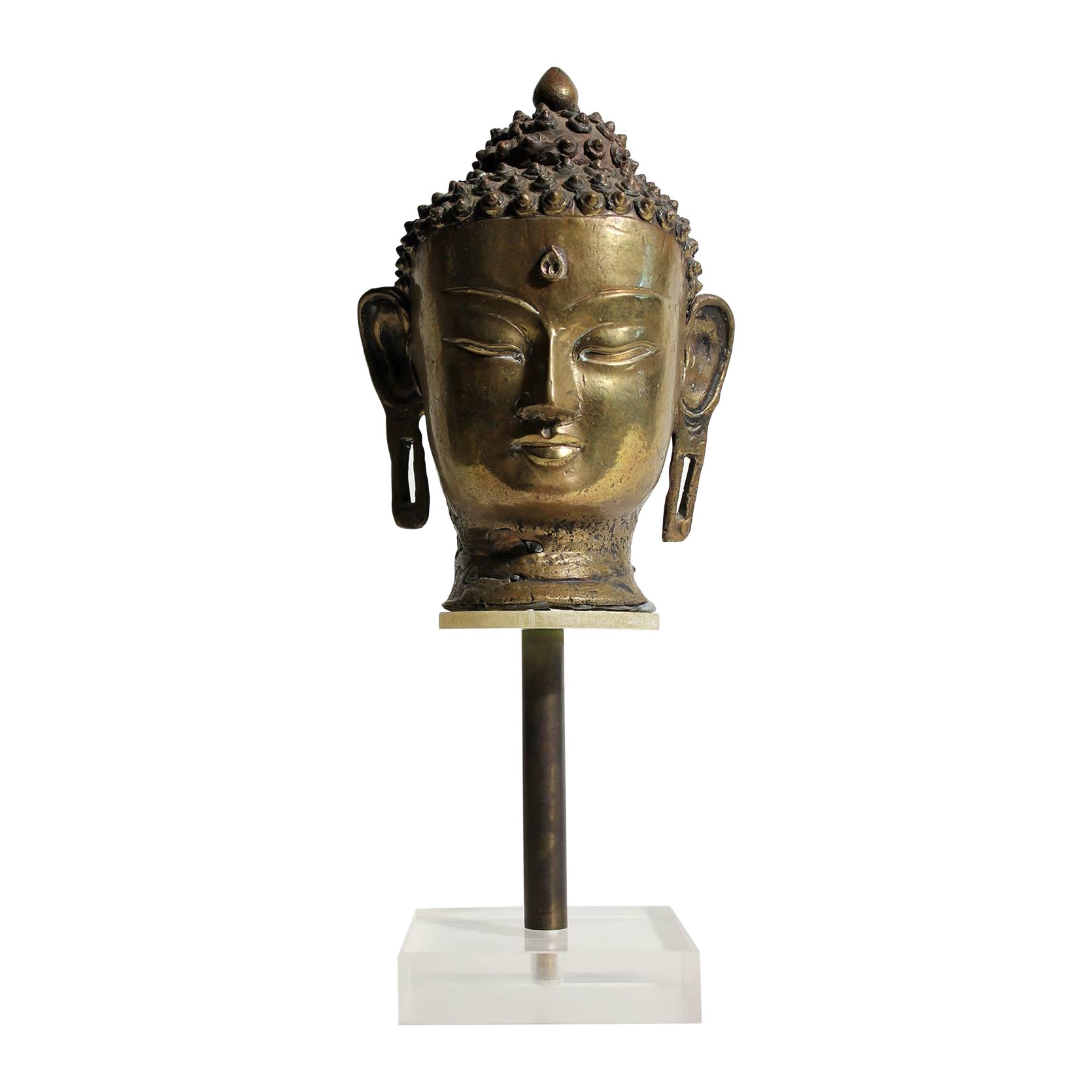 Antique Tibetan Thai Bronze Brass Buddha Head Bust Sculpture on Lucite Base For Sale