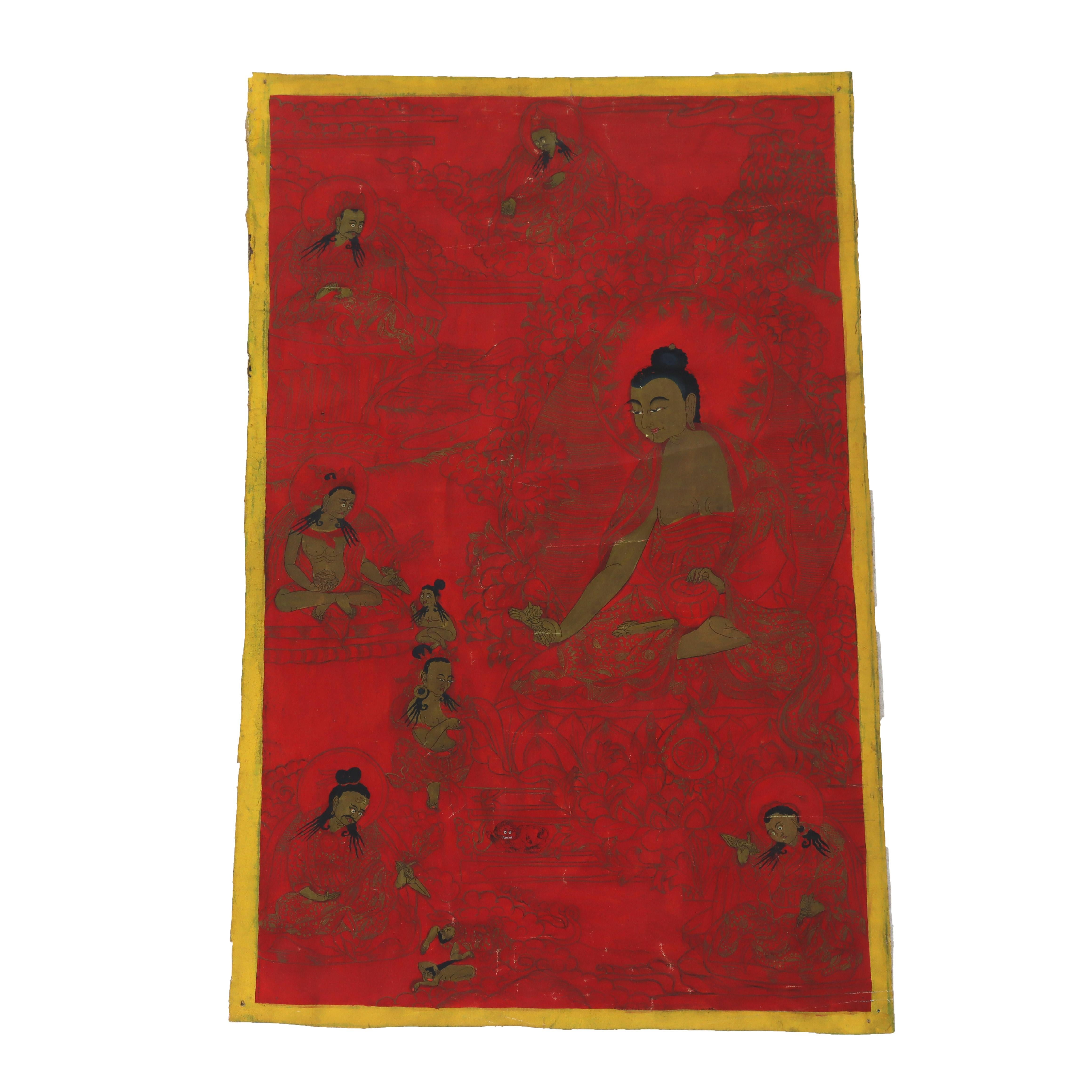 Peinture ancienne tibétaine Thangka sur fond rouge signée 19ème siècle

Mesures - 23