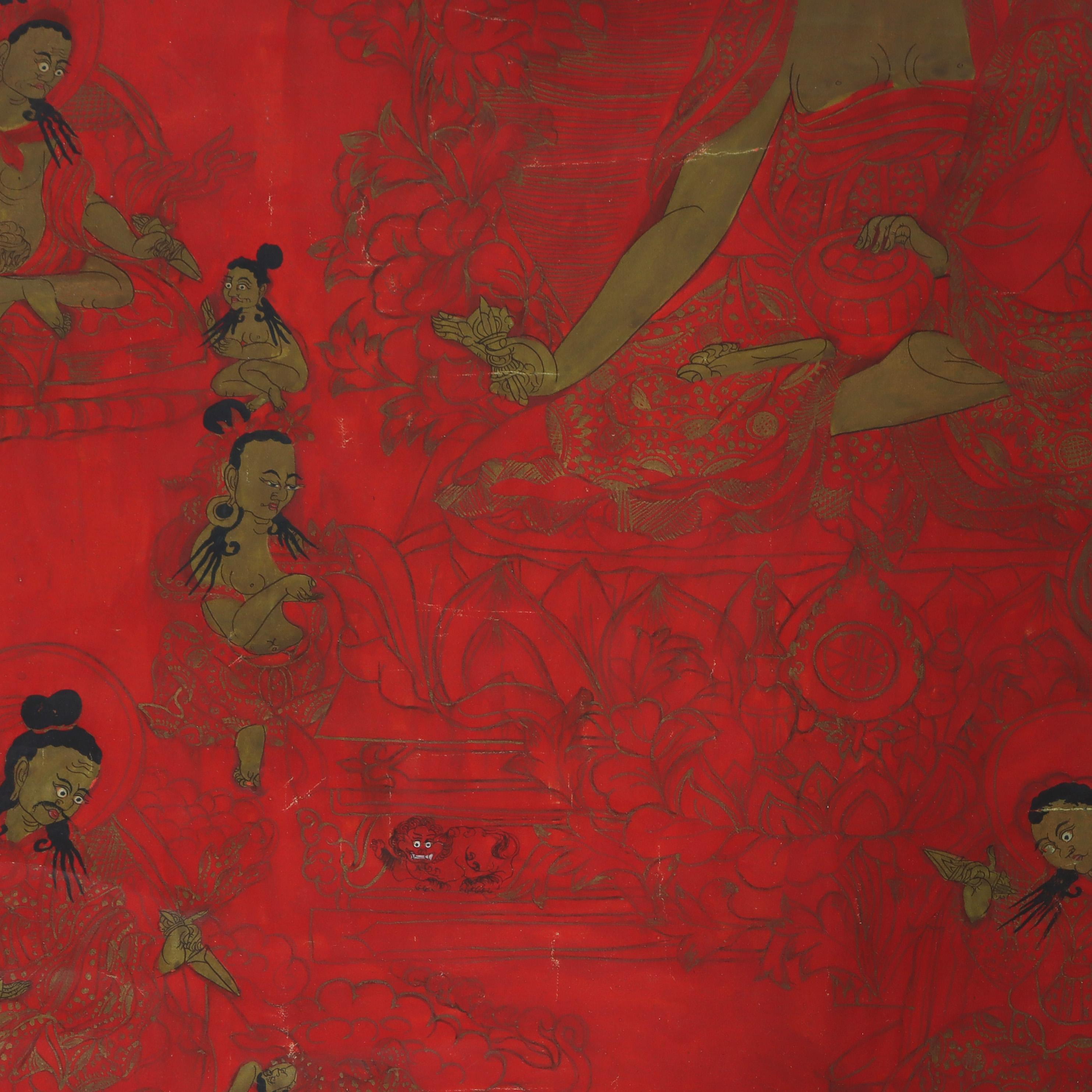 XIXe siècle Ancienne peinture tibétaine Thangka avec figures, fond rouge, signée 19ème siècle en vente