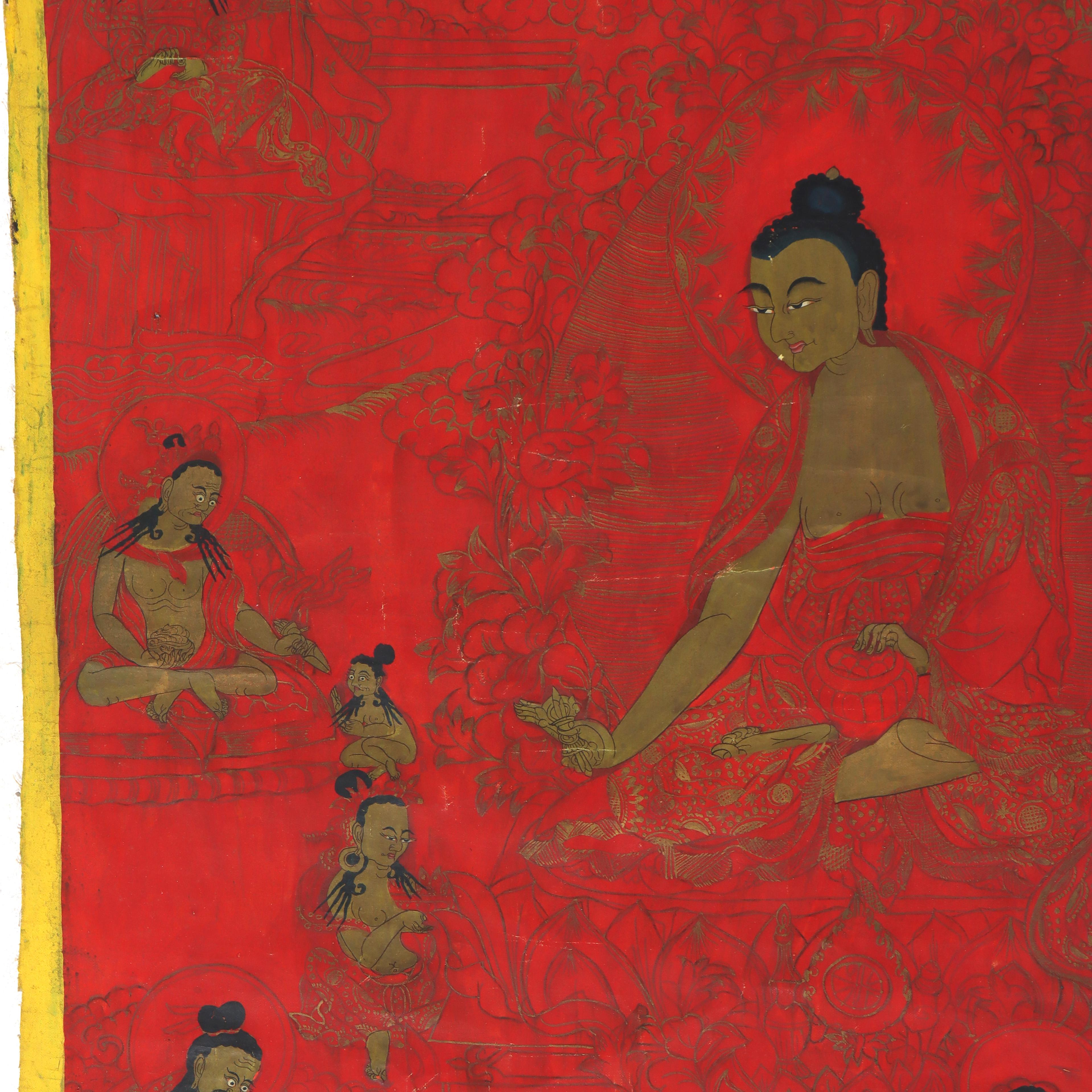 Ancienne peinture tibétaine Thangka avec figures, fond rouge, signée 19ème siècle en vente 1