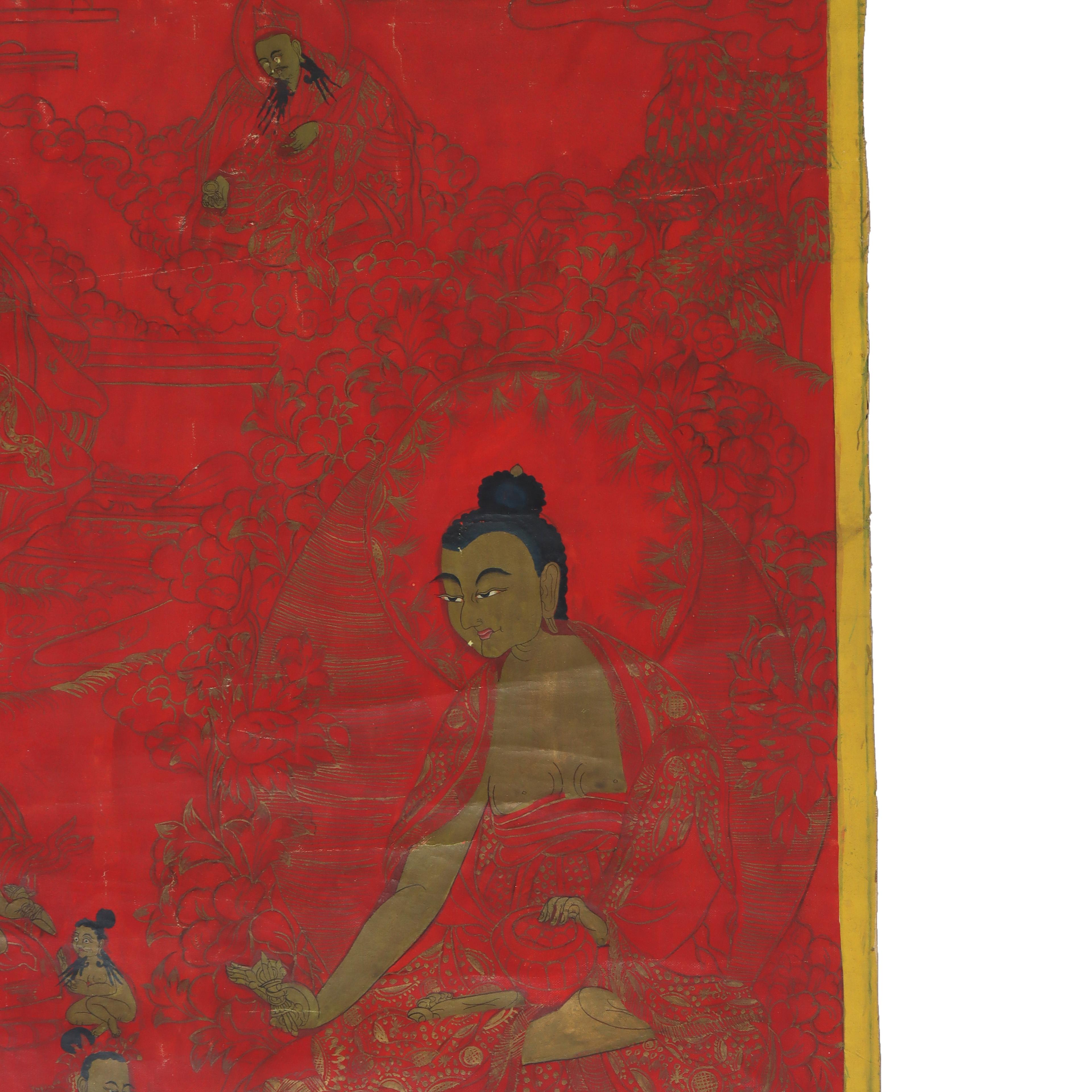 Ancienne peinture tibétaine Thangka avec figures, fond rouge, signée 19ème siècle en vente 3