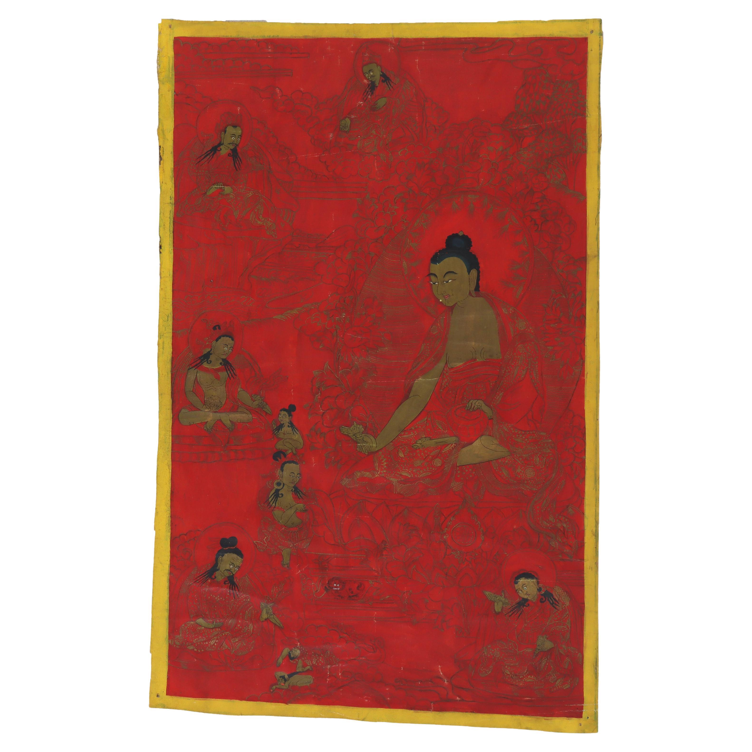 Ancienne peinture tibétaine Thangka avec figures, fond rouge, signée 19ème siècle