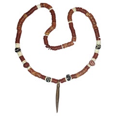 Antique Tibetan Tribal Necklace Conch Shell Heishi & Old Dzi Beads