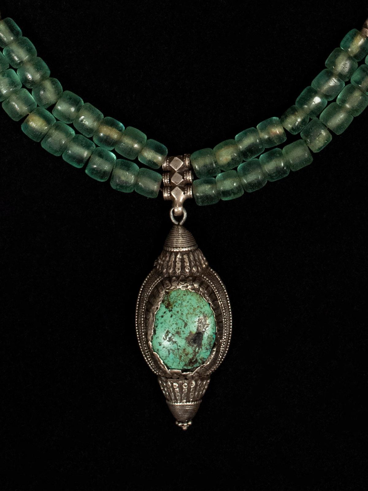 Hand-Crafted Antique Tibetan Turquoise and Silver Bead Pendant Contemporary Necklace