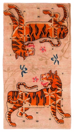 Antique Tibetan Two Tigers Small Runner Accessory Carpet, Wool Khaden Rug