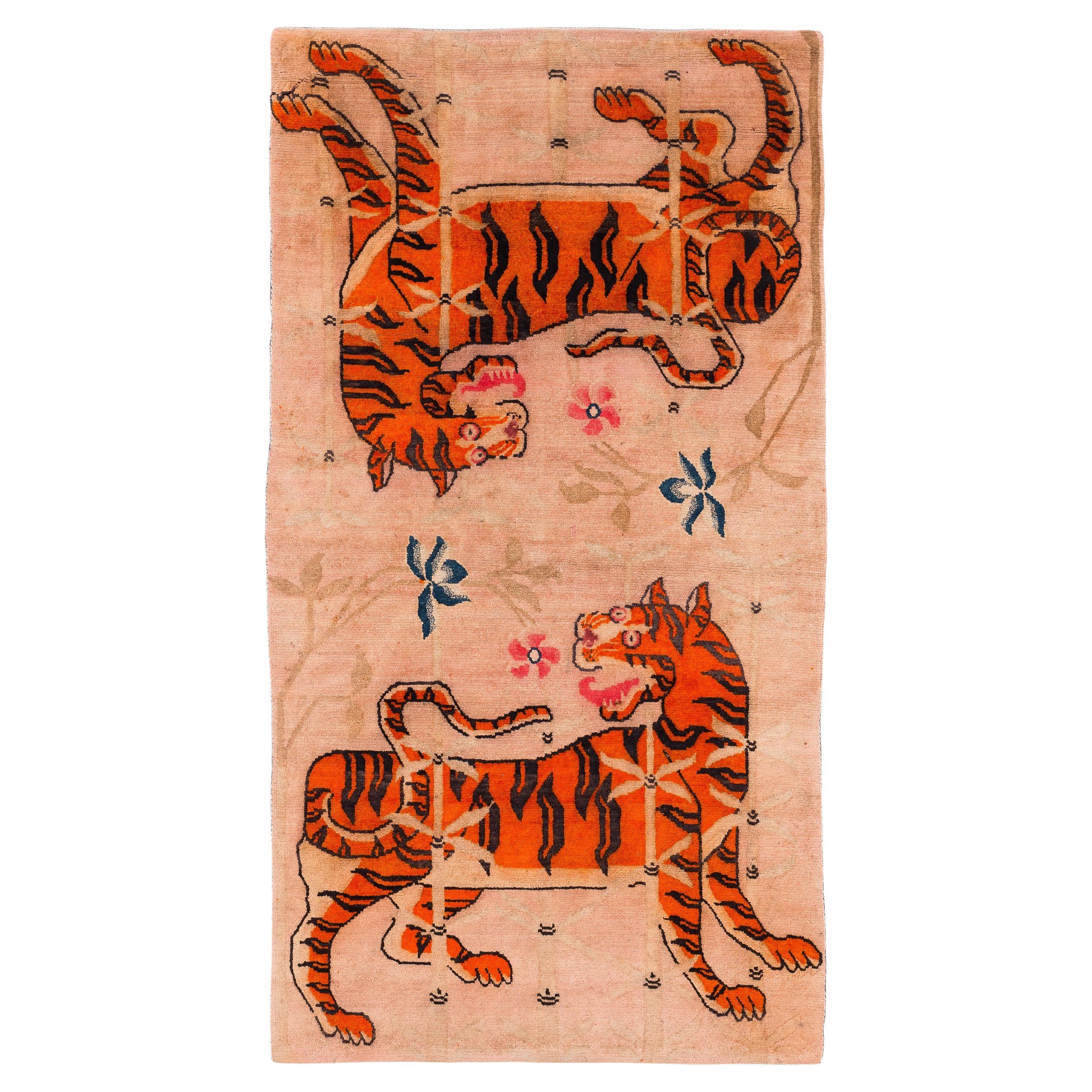 Antique Tibetan Two Tigers Small Runner Accessory Carpet, Wool Khaden Rug