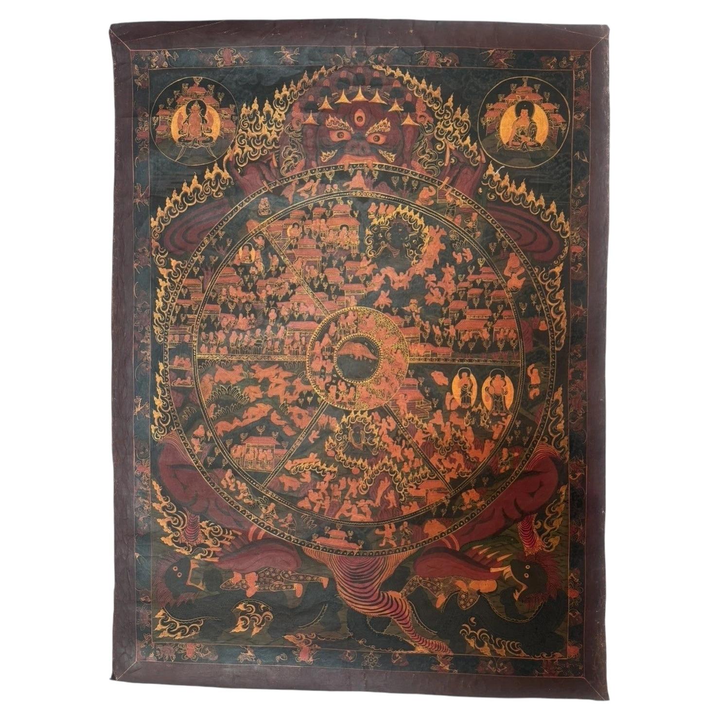 Thangka tibétaine ancienne représentant la Roue de la vie, peinture bouddhiste peinte à la main