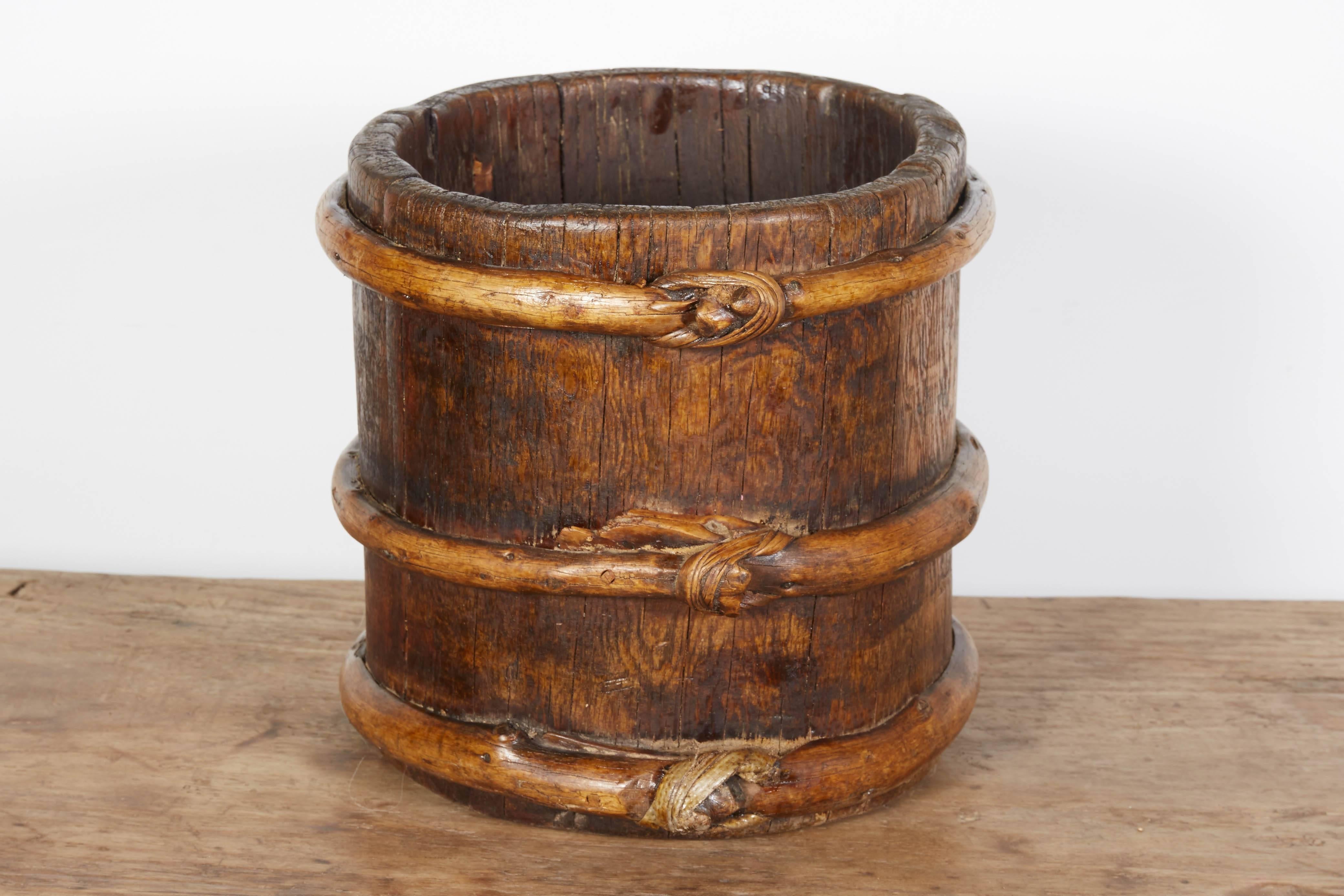 Wood Antique Tibetan Yak Butter Churn with Decorative Knots For Sale