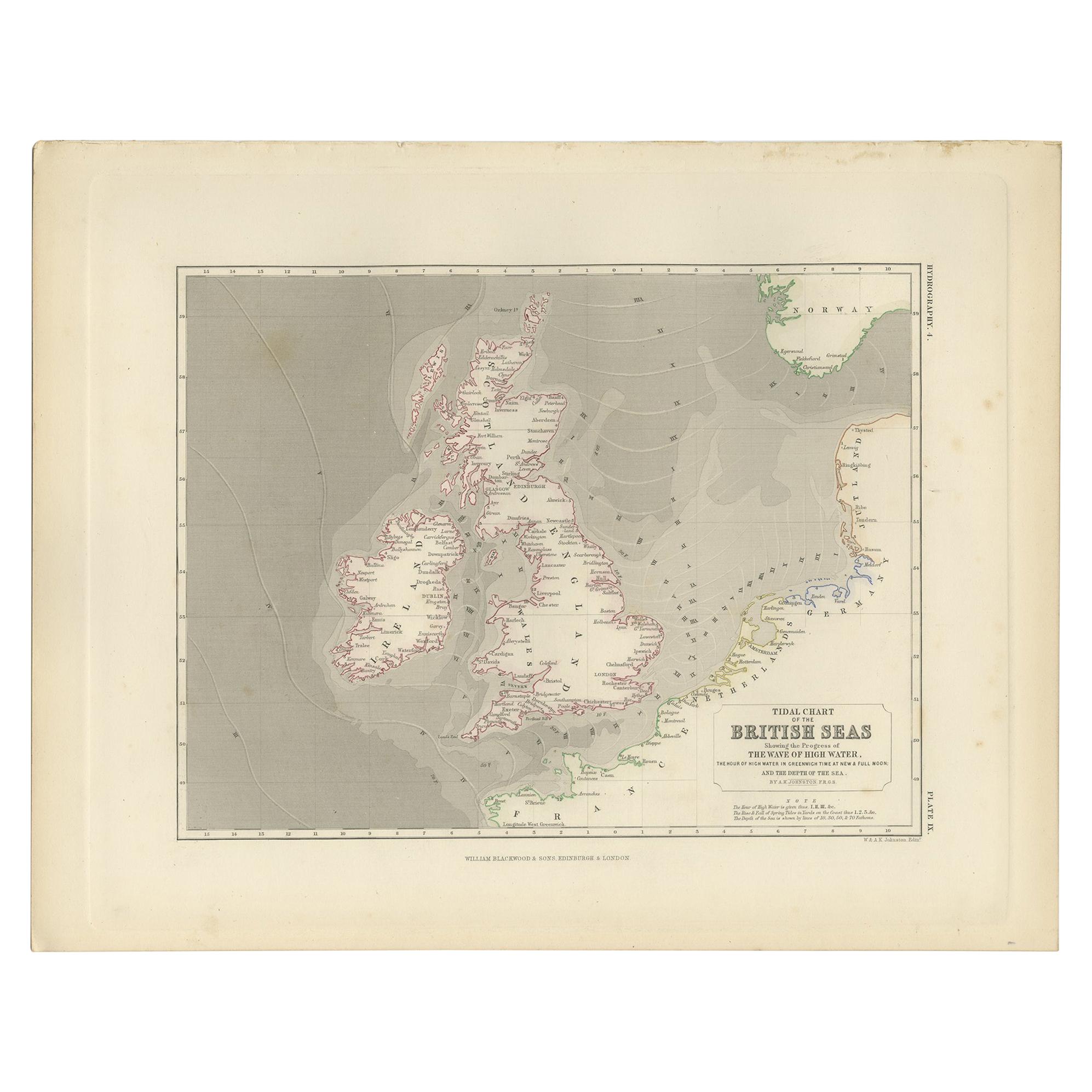 Antique Tidal Chart of the British Seas by Johnston, '1850' For Sale