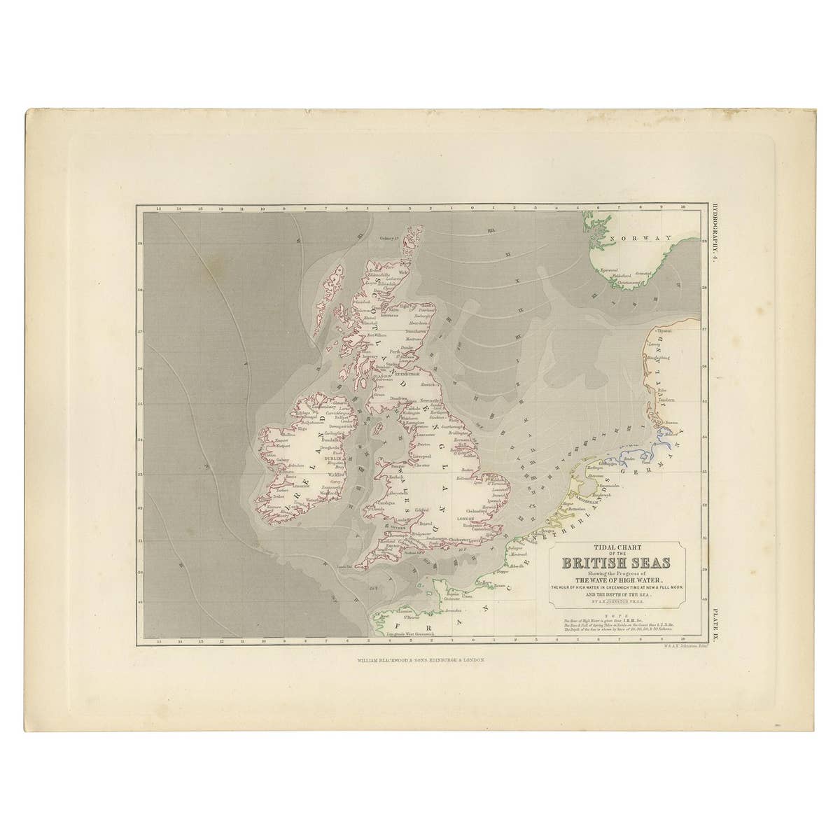 Antique Tidal Chart of the British Seas by Johnston, '1850'