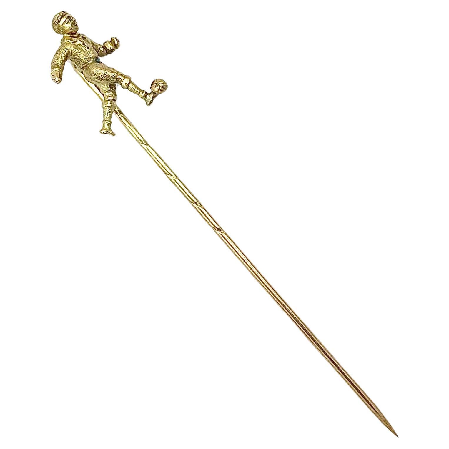 Antique Tie Pin Stick Pin Soccer Player Football Player 14 Karat Gold For Sale