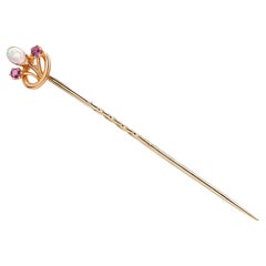 Antique Tie Pin with Opal and Ruby Fifteen Karat Yellow Gold