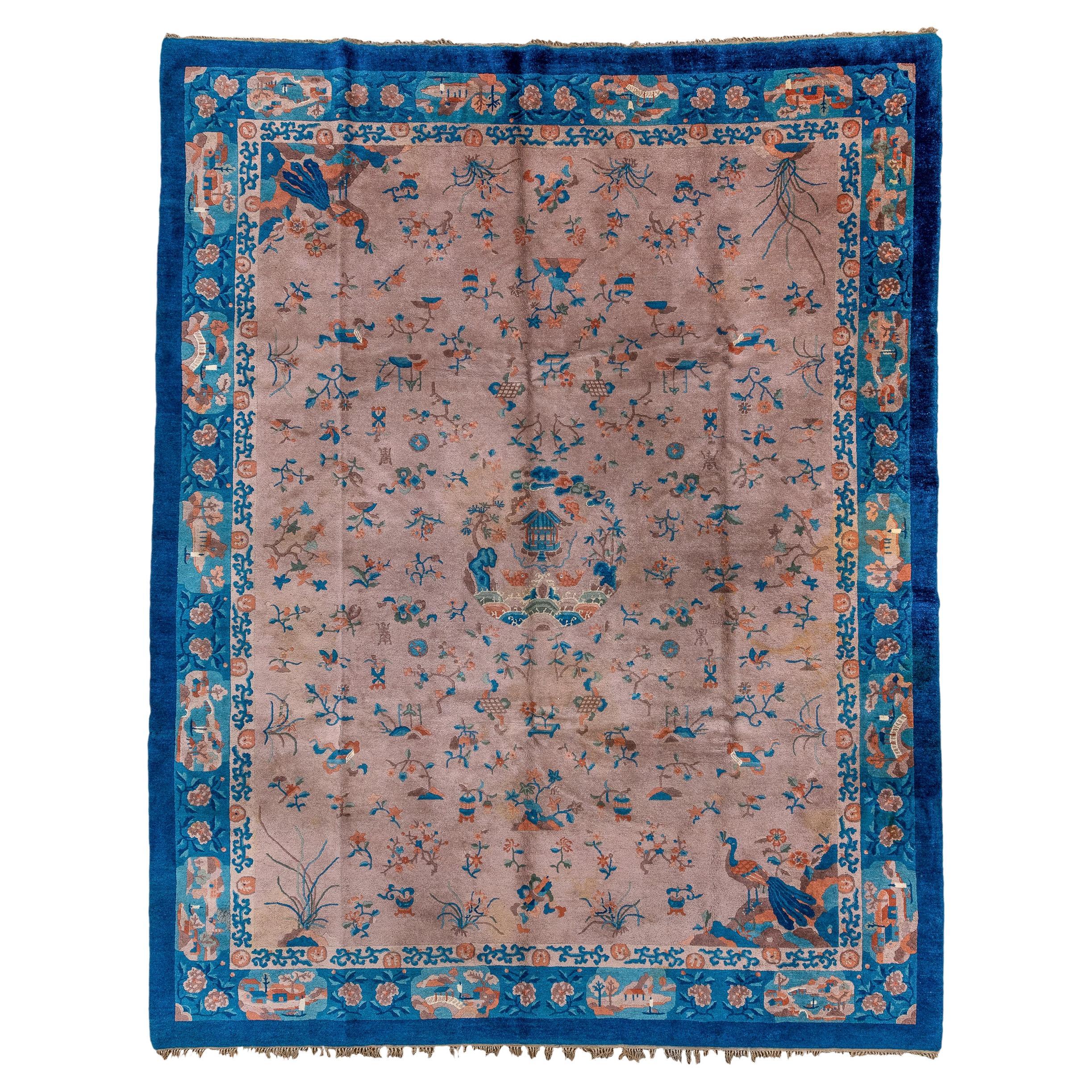 Antique Tientsin Chinese Rug with Tan Field and Allover Chinese Motives For Sale