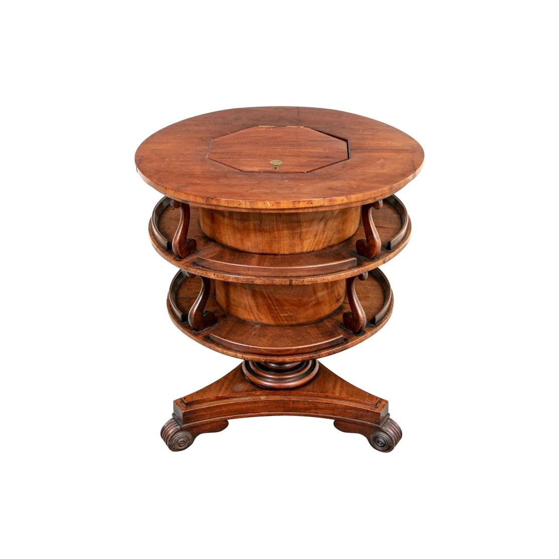 Antique Tiered Burled Mahogany Rotating Center Table with Cellerette