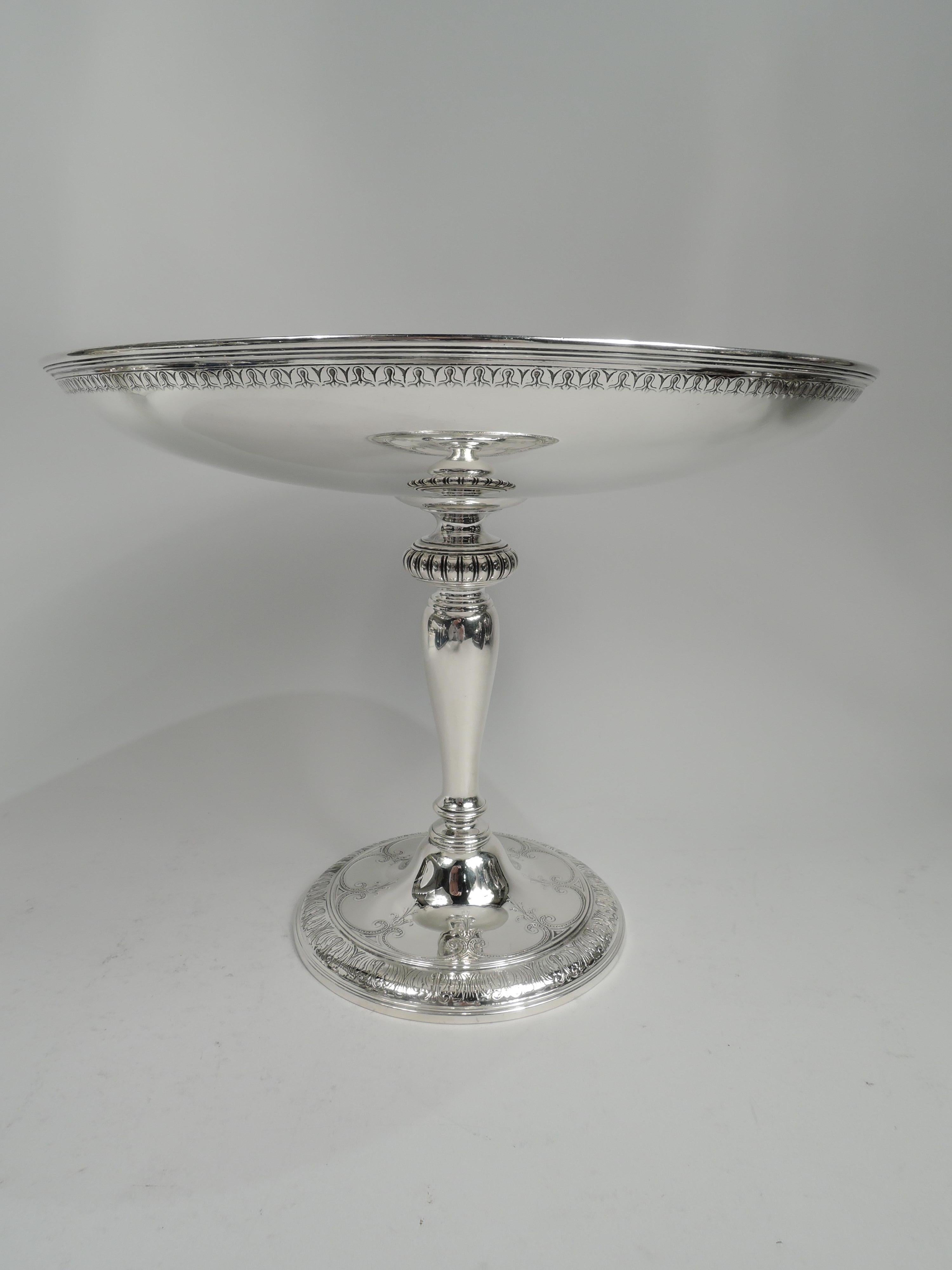 Aesthetic sterling silver compote. Made by Tiffany & Co. in New York, ca 1916. Wide and shallow bowl on baluster shaft with gadrooned knop and raised foot. Acid etched ornament. In bowl well a scroll and leaf pattern surrounding central rondel with