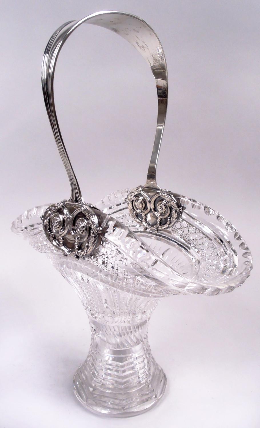 Edwardian Antique Tiffany American Sterling Silver & Brilliant-Cut Glass Basket For Sale