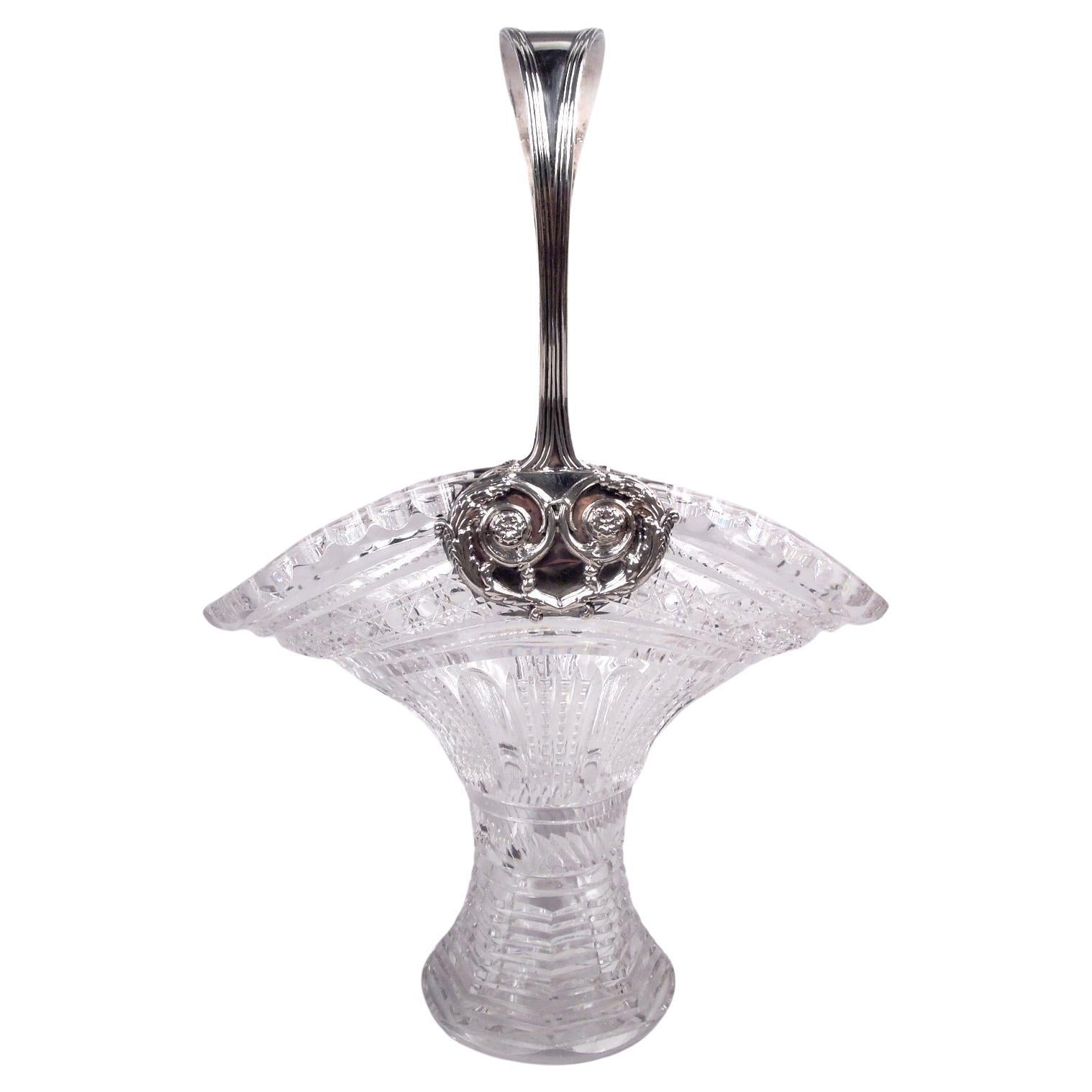 Cesta antigua Tiffany American de plata de ley y cristal tallado brillante