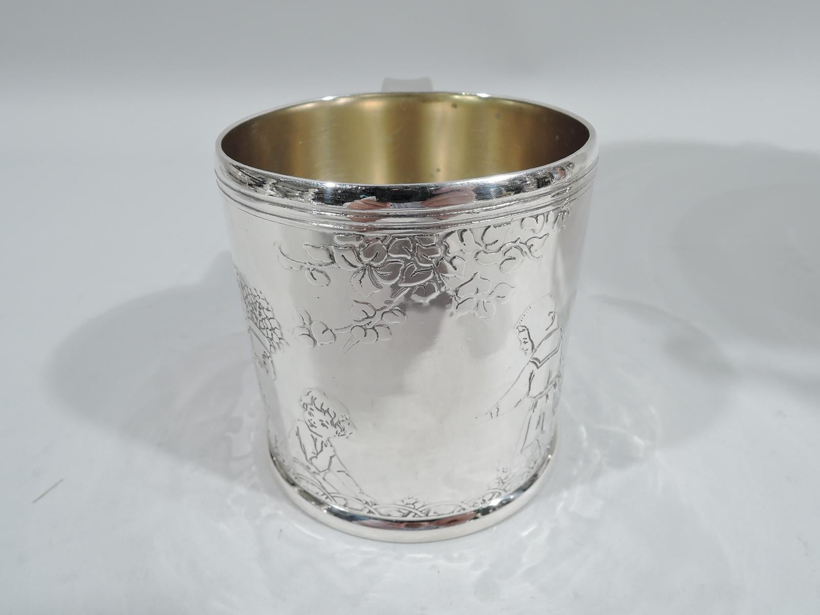 American Antique Tiffany Art Deco Sterling Silver Baby Cup with Child Gardeners