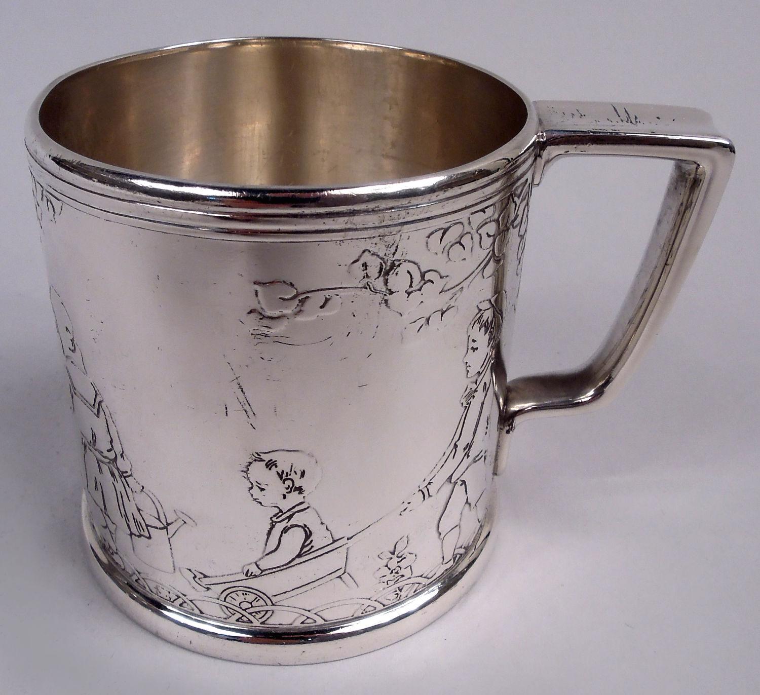 American Antique Tiffany Art Deco Sterling Silver Baby Cup with Child Gardeners For Sale