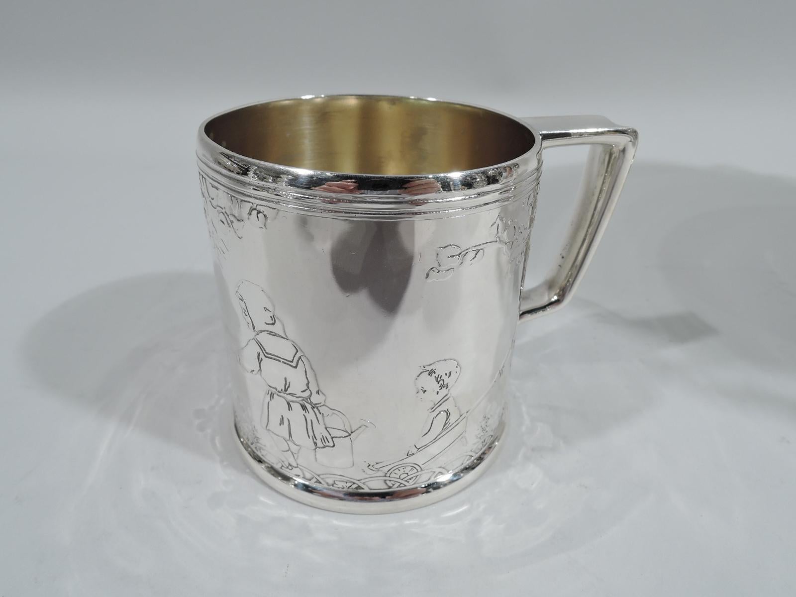 Antique Tiffany Art Deco Sterling Silver Baby Cup with Child Gardeners In Good Condition In New York, NY