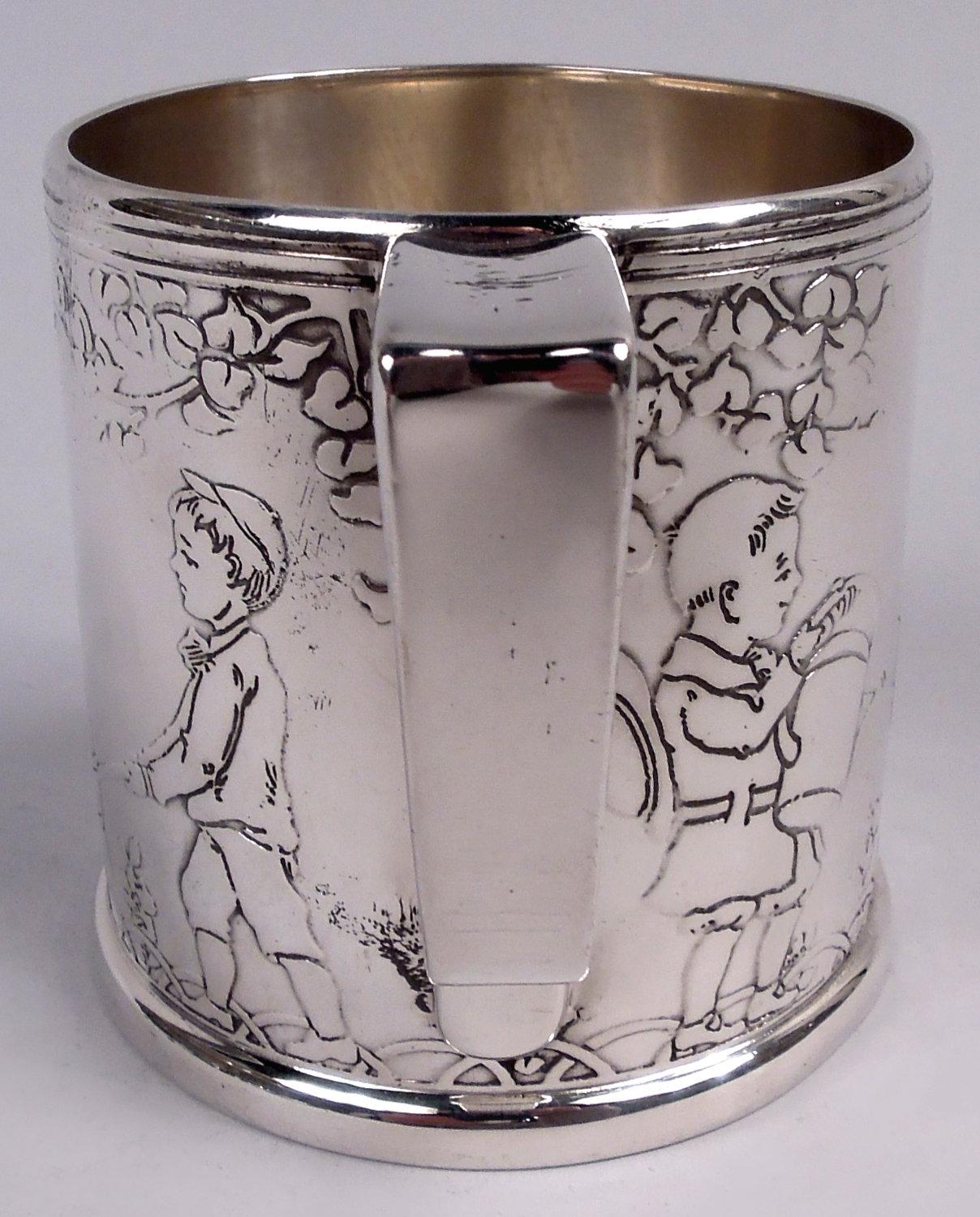 Antique Tiffany Art Deco Sterling Silver Baby Cup with Child Gardeners In Good Condition For Sale In New York, NY